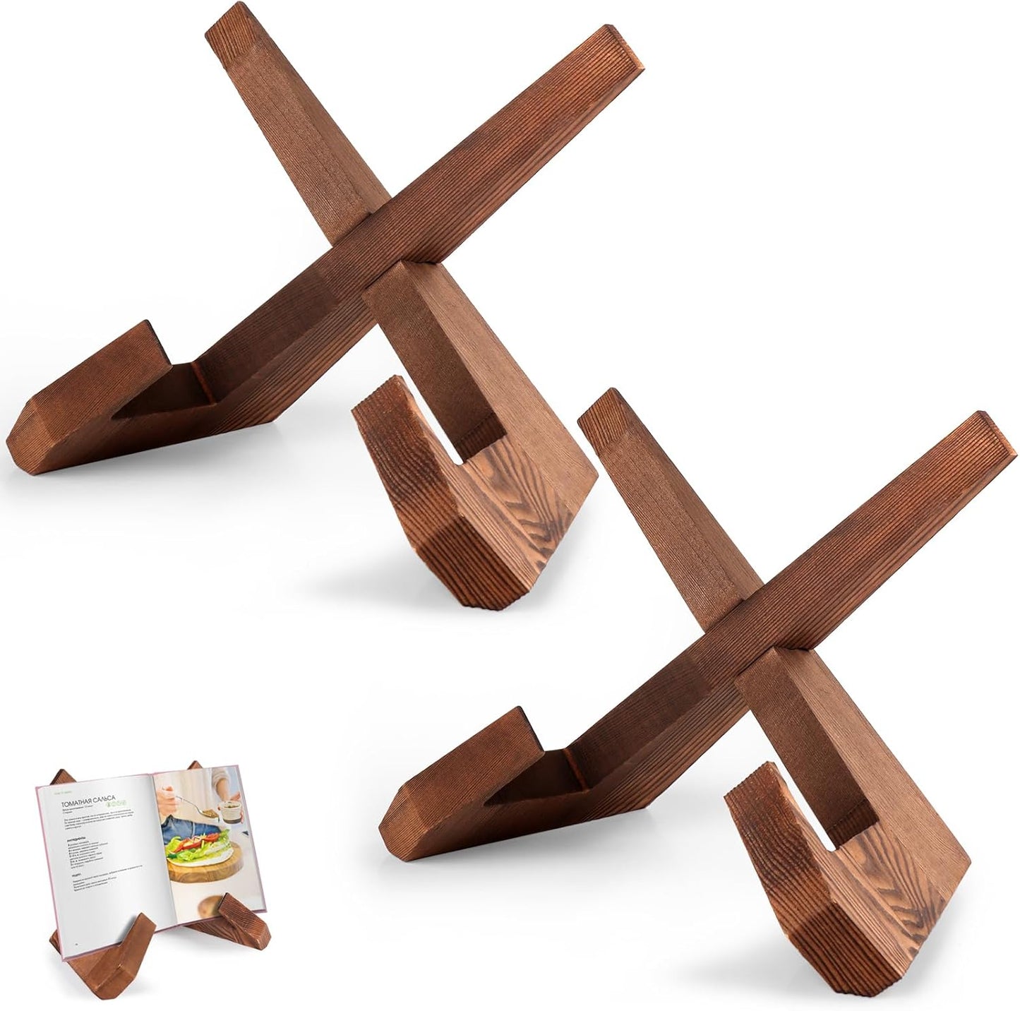 2 Packs Wood Cookbook Stands & Recipe Holders for Kitchen,7 inch Height Recipe Holders Display Stand Rustic Style, Brown, Box Package
