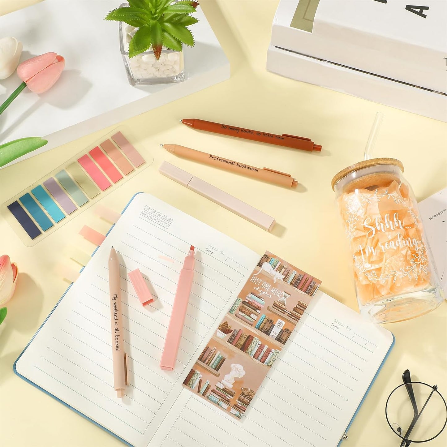 8 PCS Book Lover Gifts 16 oz Glass Cup with Bamboo Lid Straw Reading List Bookmark Sticky Pastel Highlighters Notes Pens for Bookish School Librarian Bookworm Teacher Women(Orange Red)
