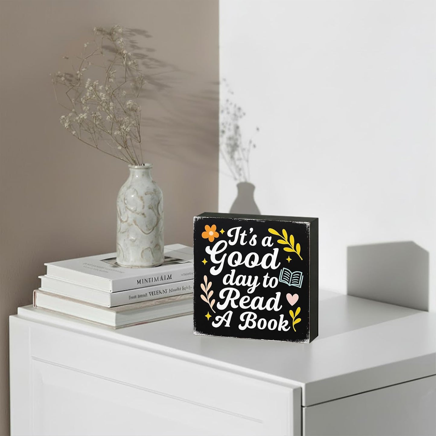 It's A Good Day to Read A Book Wood Box Sign, Floral Trendy Reading Wall Decor Gifts for Women Kids Book Lovers School Library Reading Nook Corner Home Dorm, 5x5 Inch(Black)