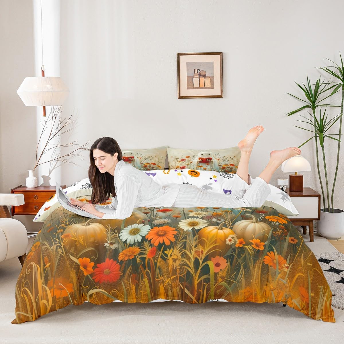 Manfei Reading Ghost Duvet Cover Set Twin Size,Autumn Pumpkins Flower Bedding Set 2pcs,Cute Halloween Theme Quilt Cover,Kids Boys Girls Room Decor,1 Pillowcase,No Comforter