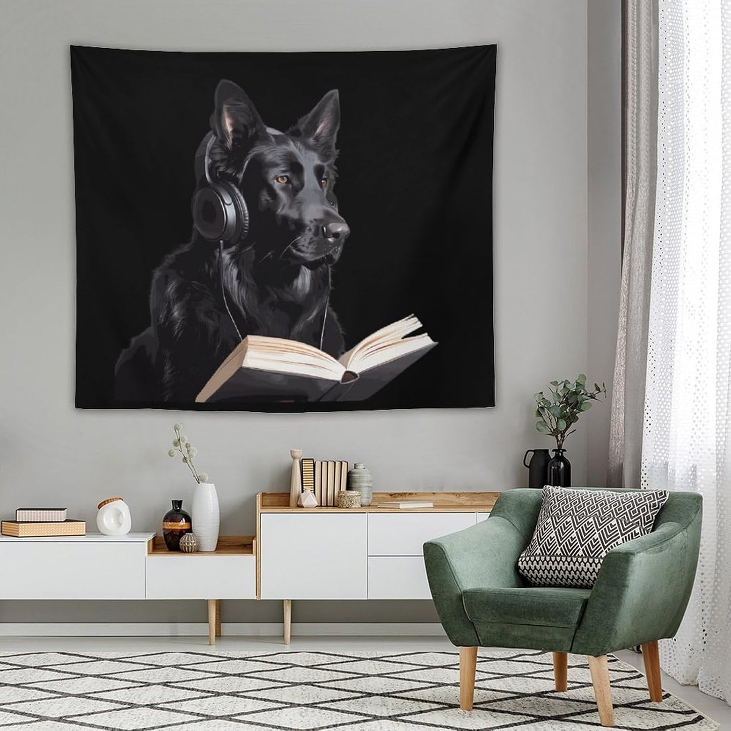German Shepherd Wearing Headphones Reading Tapestry Photography Backdrop Wall Hanging Aesthetic Blanket Living Room Bedroom Decor Picnic Beach Mat