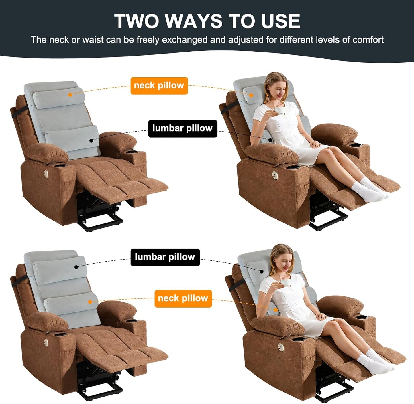 2-in-1 Neck & Lumbar Support Pillow with Adjustable Height and Ergonomic backrest Design, Suitable for recliners, Sofas, high-Back Rocking Chairs, Relieve Back Pressure.