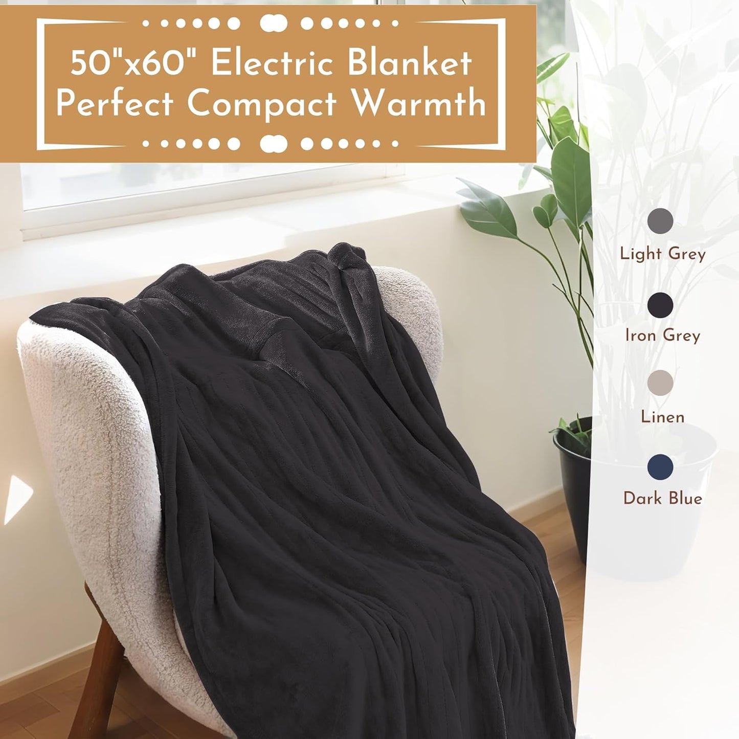 Electric Heated Blanket 50"x60" Throw Size Flannel Heated Blanket, Cozy & Warm for All Night, 5 Heat Settings & 3 Hours Auto Off, Machine Washable, Iron Grey