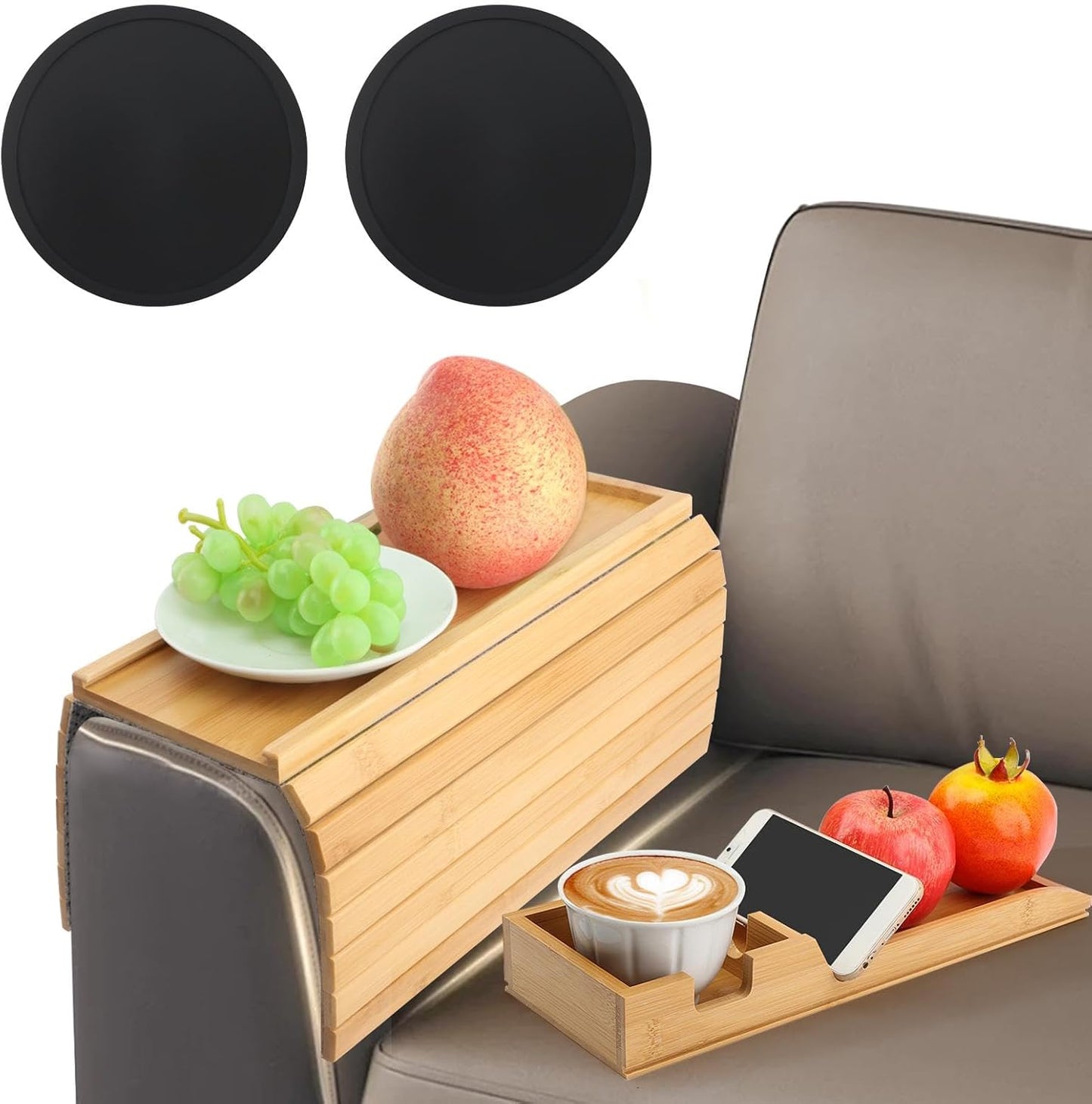 Bamboo Sofa Arm Tray - 2-in-1 Detachable Couch Cup Holder & Armrest Table with Anti-Slip Pad, Foldable Bamboo Tray for Drinks, Snacks, Phones, and Remote Controls