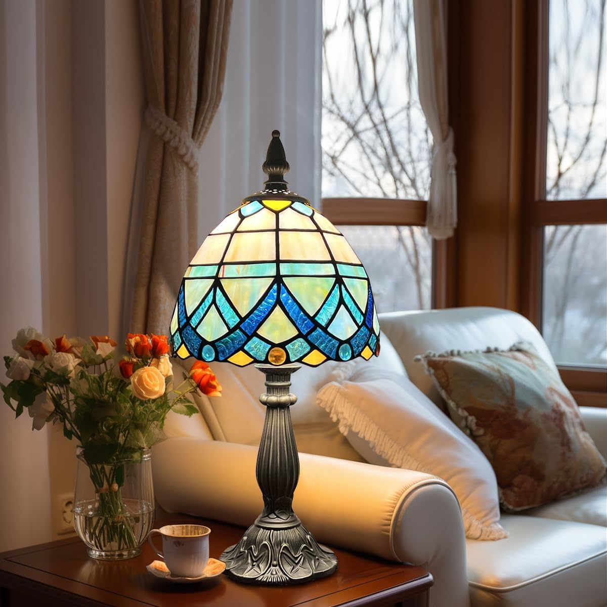 Tiffany Table Lamp,Blue Small Stained Glass Accent Table Light,Antique Style Nightstand Desk Lamp Vintage Bedside Lamp for Living Room Bedroom