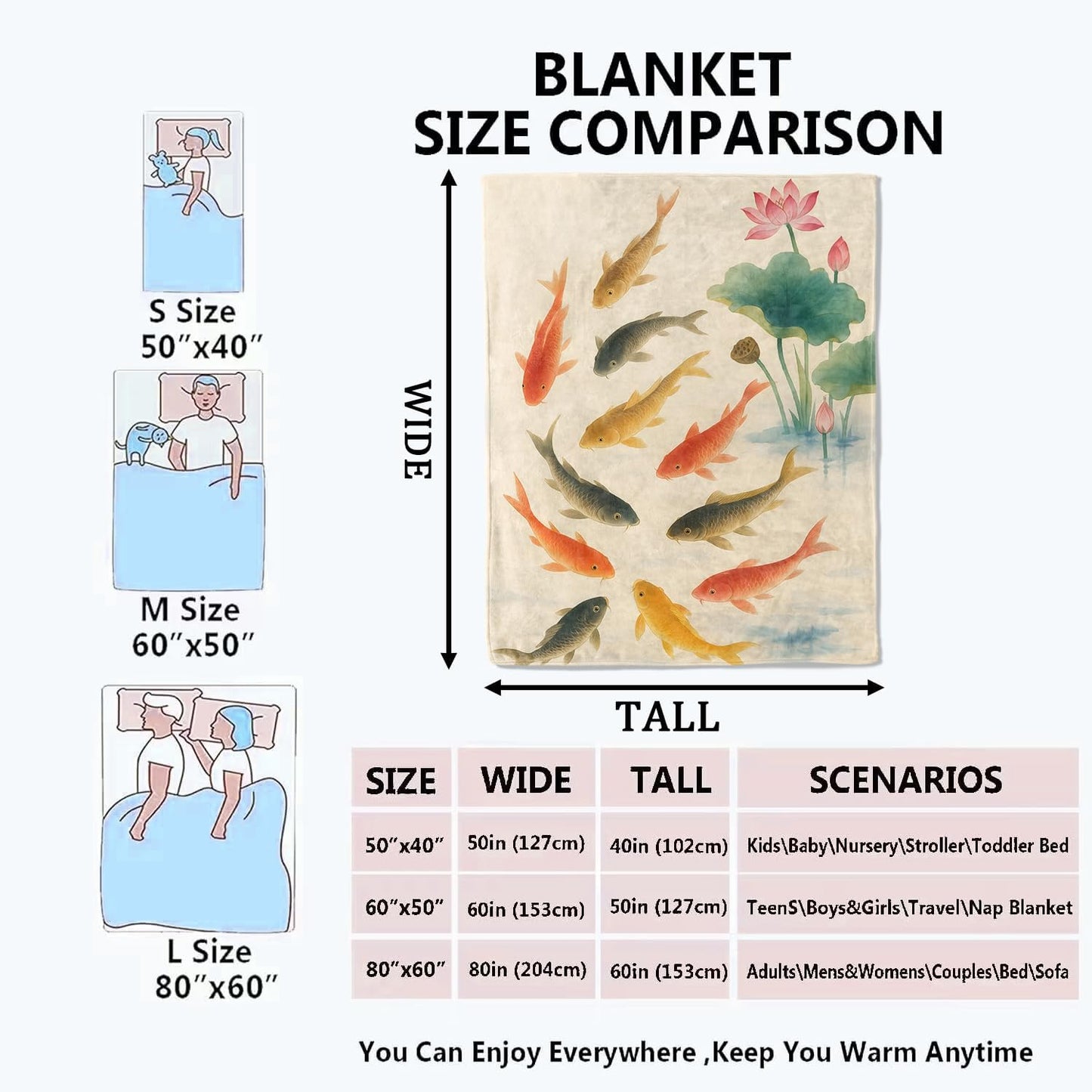 Koi Fish Blanket, Oriental Art Flannel Throw Blankets, 50"x60", Soft Warm Lightweight Fuzzy Cozy Throws for Couch Bed Sofa Living Room Travel Decorative Gifts for Nature Lover Women Men, Beige