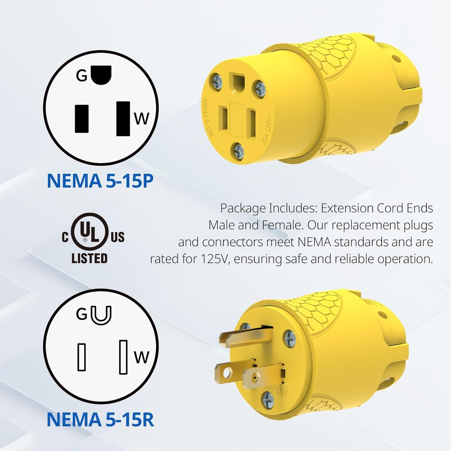 ThunderWay Electrical Replacement Plug & Connector Set, Extension Cord Ends Male and Female, 15A 125V, Straight Blade Plug Grounding Type, NEMA 5-15P&5-15R, 3-Prong Straight Blade-5 Set, UL Listed