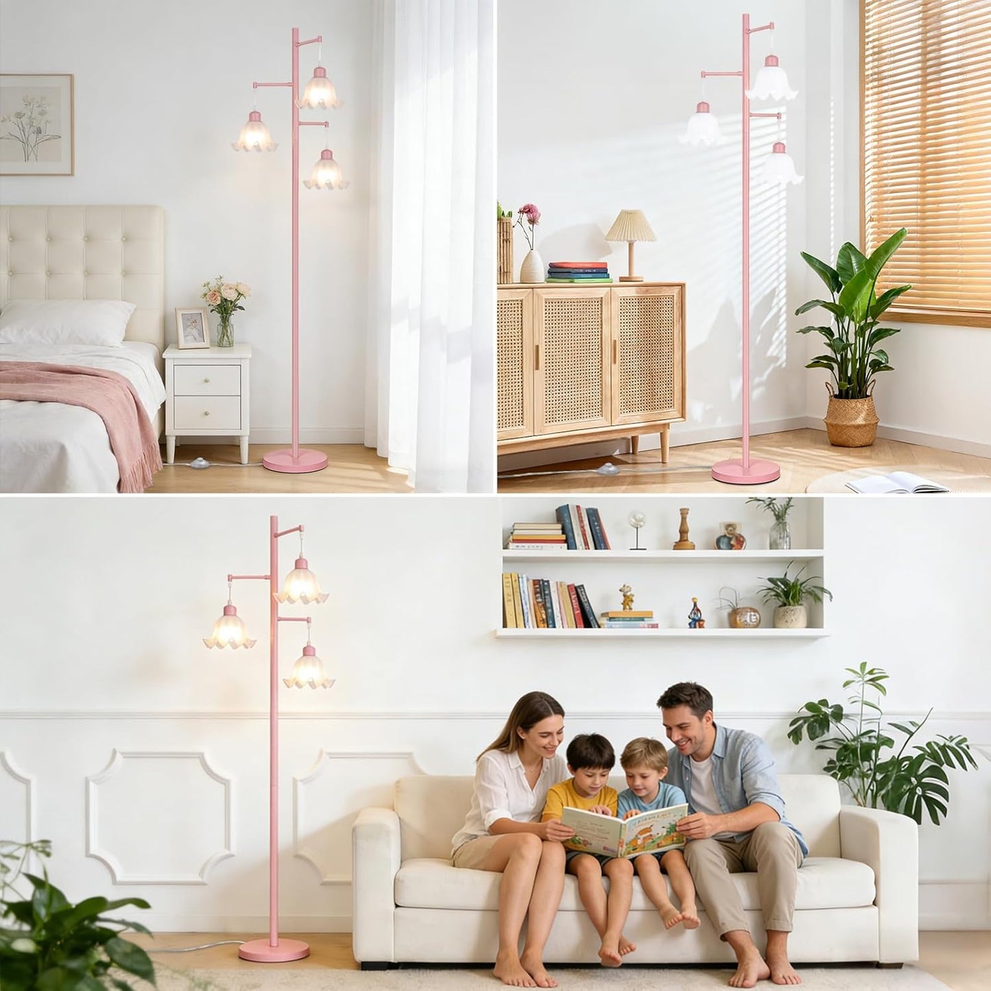 TOBUSA Pink Flower Floor Lamp for Living Room, 3-Light Vintage Standing Lamp with 3 E26 Bulbs, 68’’ Tall Corner Floor Lamp with Floral Lampshades, Modern Boho Floor Light for Bedroom Office Girls