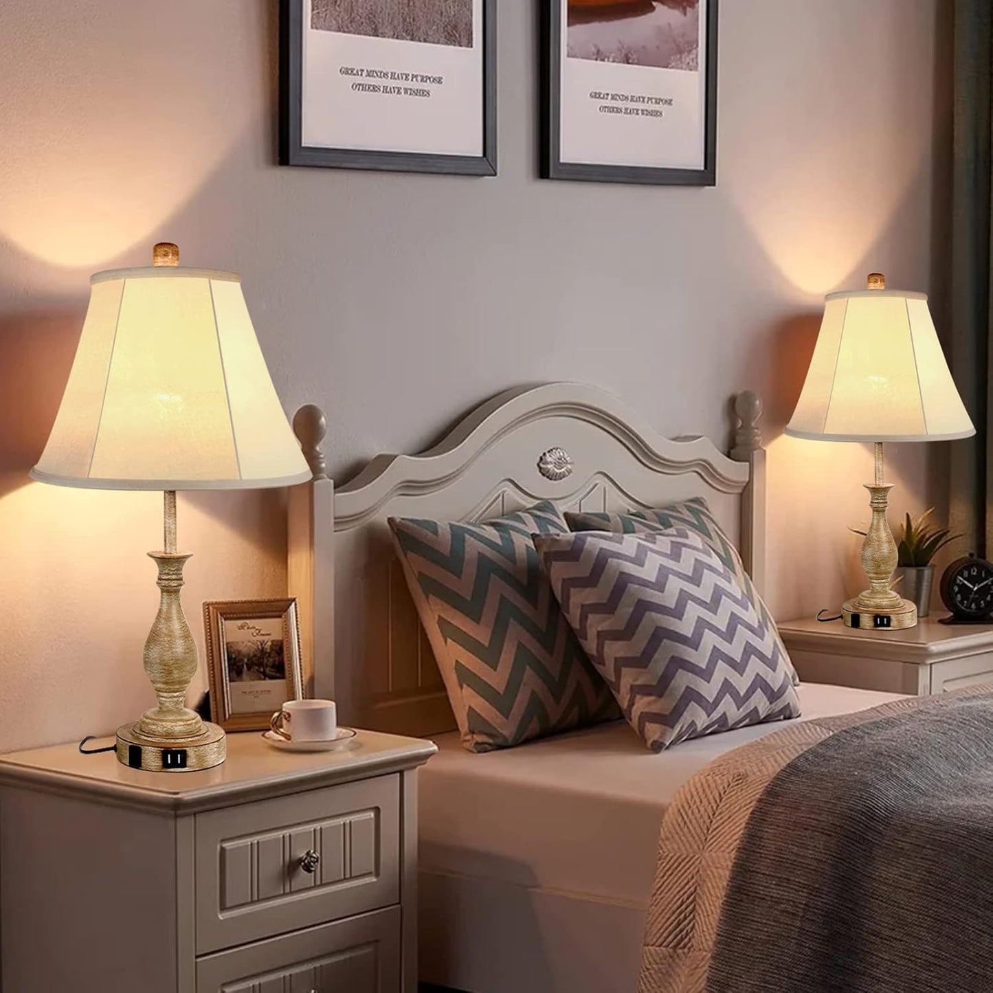 Farmhouse Table Lamp Touch Control 3-Way Dimmable Table Lamp, Modern Nightstand Lamp with 2 USB Port Bedside Desk Lamp with Fabric Shade for Living Room Bedroom Hotel (Pack 1-Beige Shade)