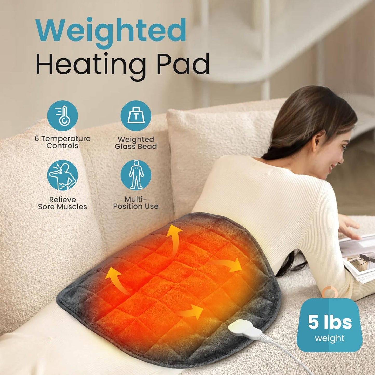 NOWWISH 5lbs Weighted Heating Pad for Women, Electric Heated Weighted Blanket with 6 Heat Settings, Timer & Auto Shut-Off, Relief for Period Cramps, Back Pain, Lap, Machine Washable, 29x24 inch, Grey