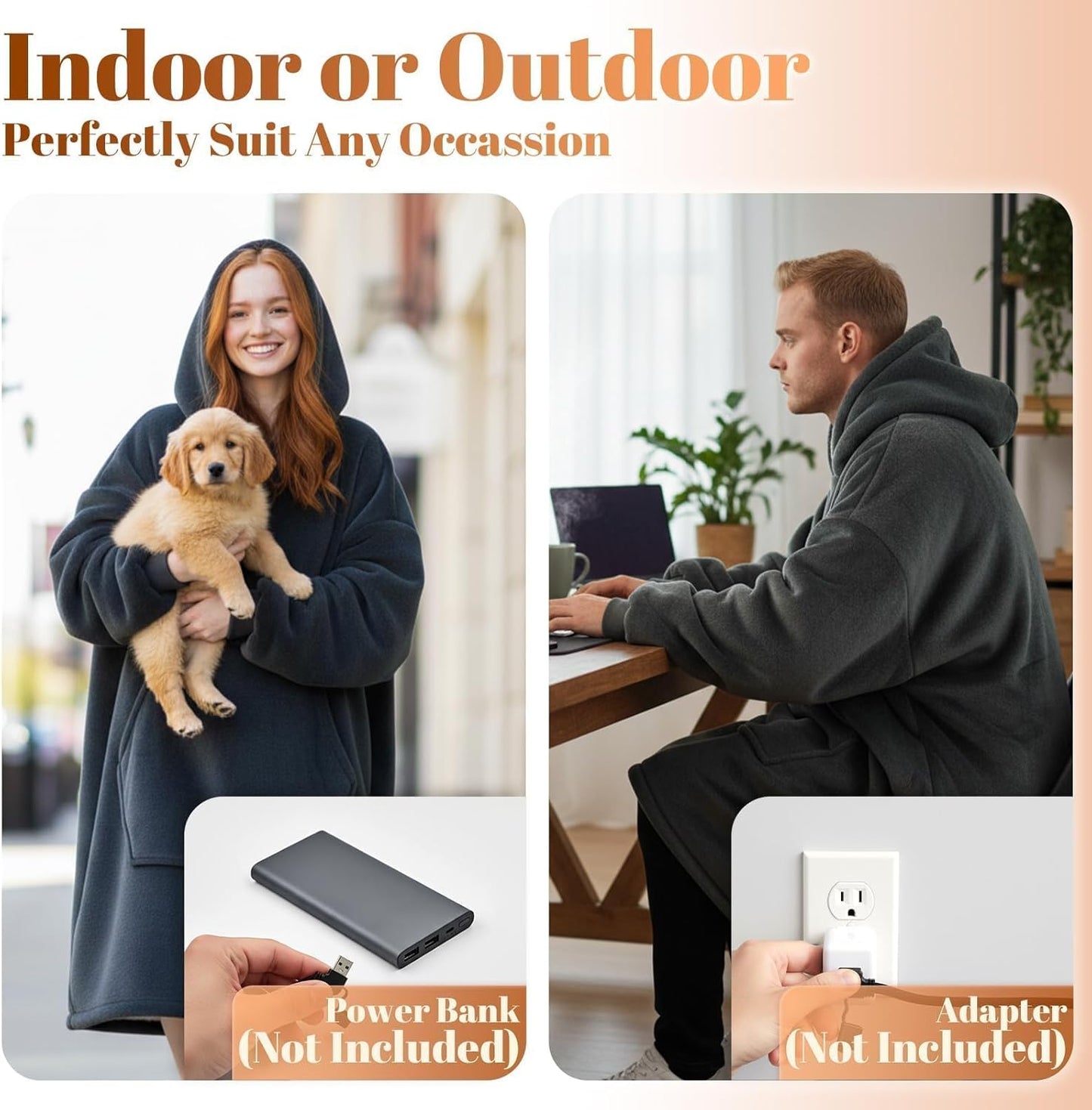 Dark Grey Wearable Heated Blanket Hoodie, Flannel & Sherpa USB Heated Hooded Blanket, Oversized Hoodie Sweatshirt with Pocket, 3 Heating Levels for Man Women Christmas Birthday Gifts, No Battery Bank