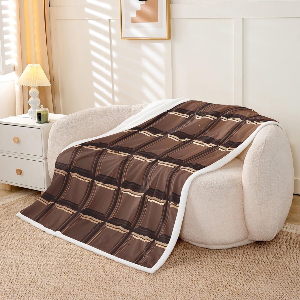 Vintage Chocolate Kids Fleece Blanket,Delicious Desserts Theme Brown Throw Blanket for Adult,Retro Food Print Grid Geometric Lightweight Polyester Sofa Sherpa Blanket, Queen (90 x 90 Inch)