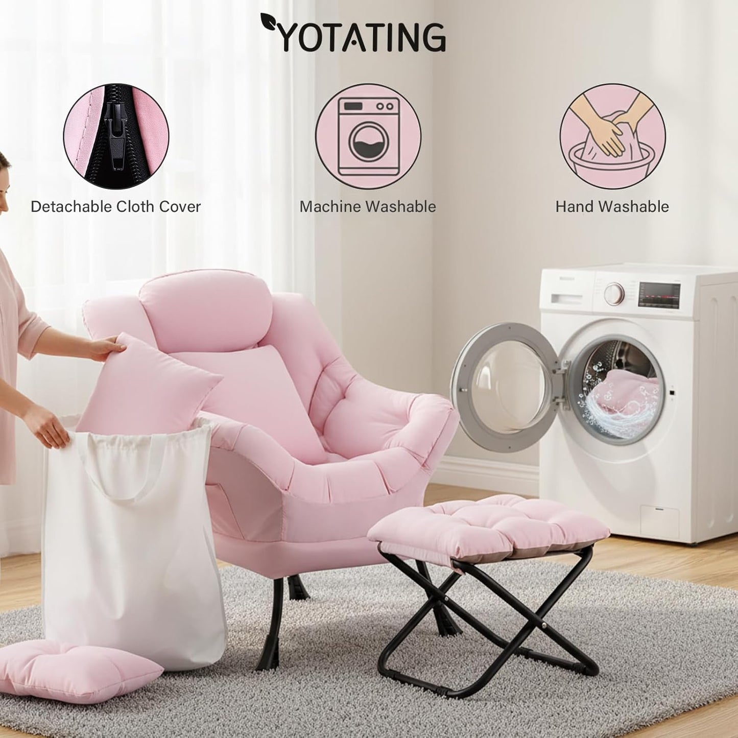 Lazy Chair with Ottoman, Modern Accent Leisure Sofa Chair with Footrest Stool & Throw Pillow, Modern Lounge Chair with Armrests for Living Room, Pink