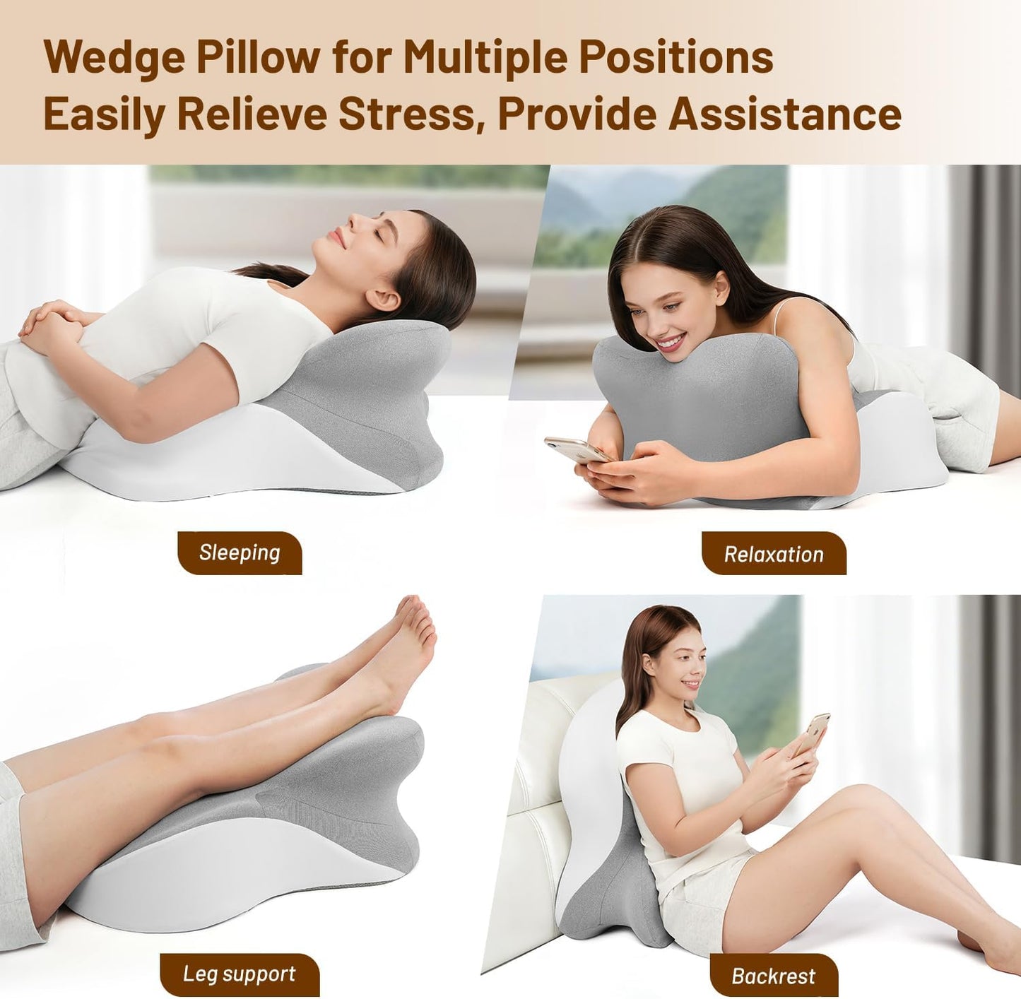 Memory Foam Ergonomic Wedge Pillow, Reading Pillow for Bed, Headboard Pillow Support for Back Pain, Acid Reflux & Sitting Up, Ideal for Massage with Removable Cover-Grey