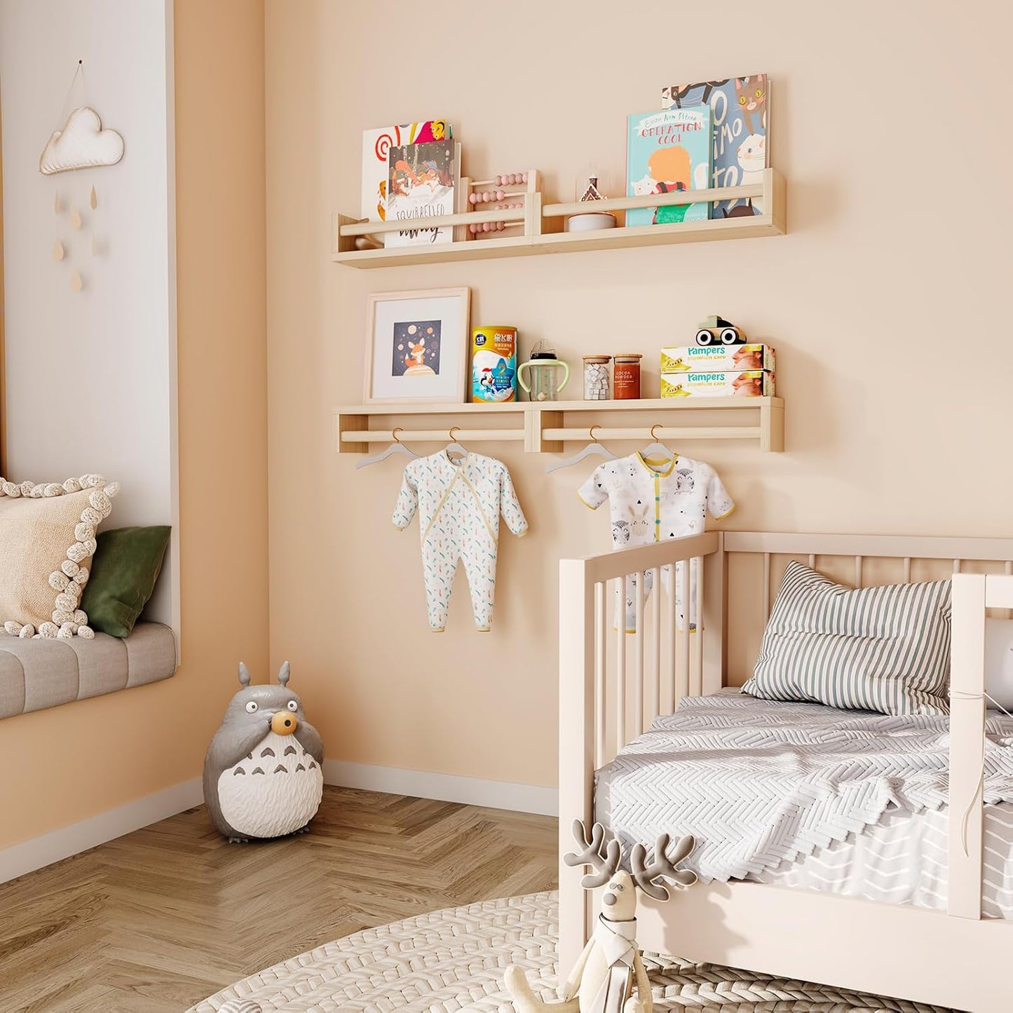 Nursery Shelves, Floating Bookshelves for Wall Set of 4, Baby Nursery Decor, Solid Wood Wall Mounted Shelves for Books (Natural Wood)