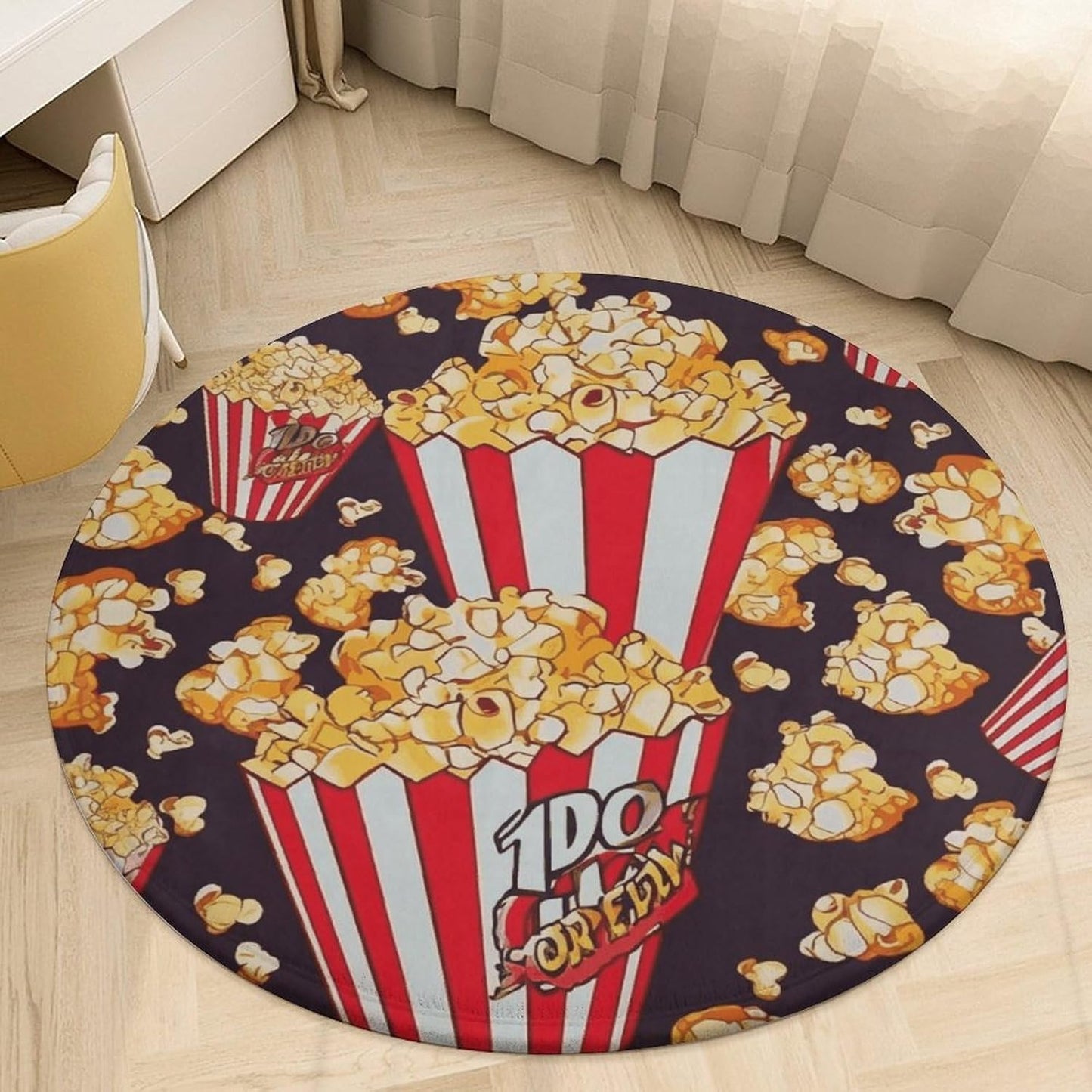 Popcorn Print Circle Rug Retro Luxury Coral Velvet Floor Mat Non Slip Soft Indoor Floor Carpet Comfy Thickened Area Rugs Modern Aesthetic Minimalist Carpets for Home Decor