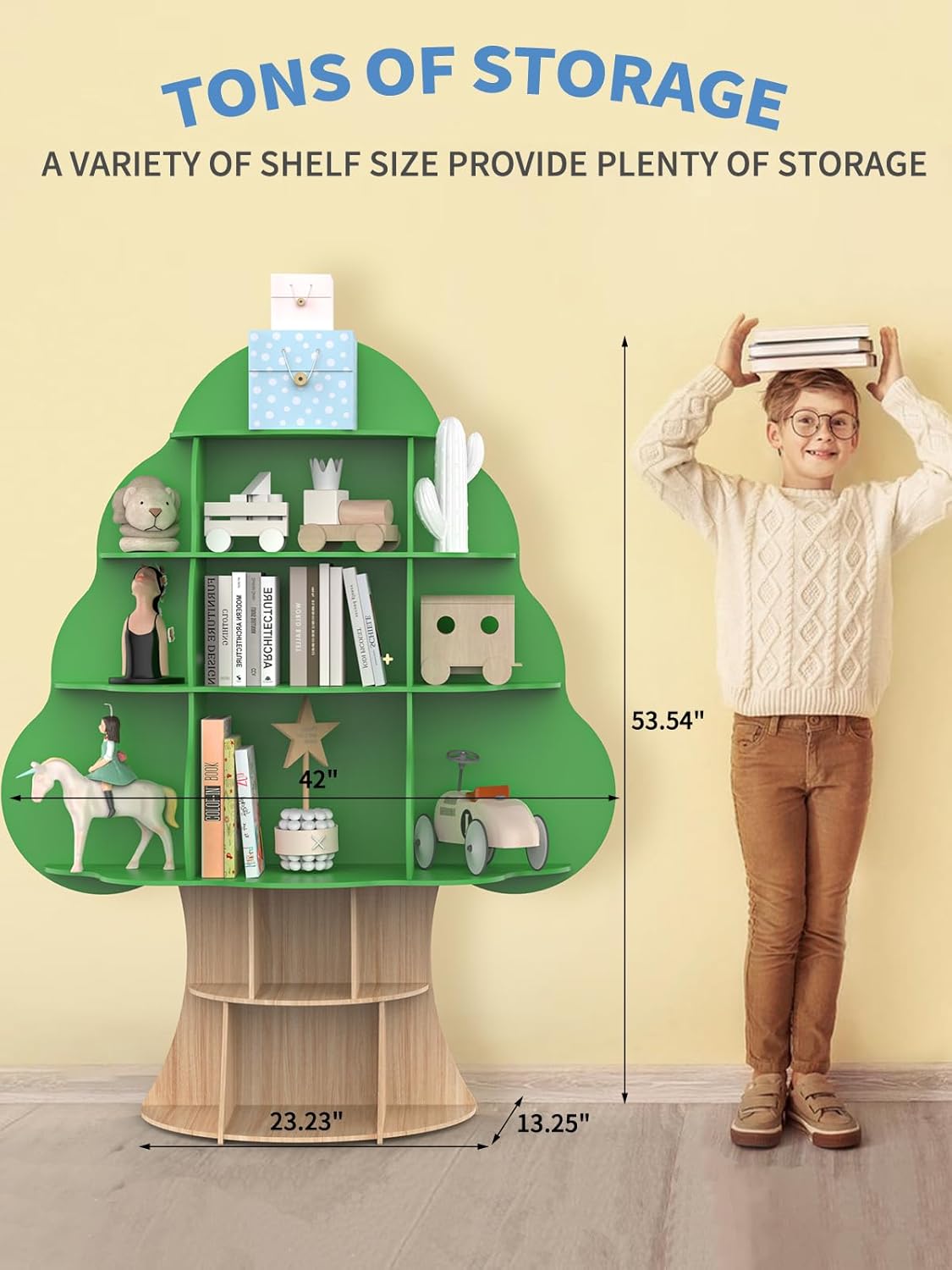 Tree Kids Bookshelf, Toddler Wood Bookcase, 16-Cubby Children Toy Storage Organizer Book Shelf for Kids Rooms, Nursery, Bedroom, Living Room, Classroom, Boy Girl’s Gift (Green Tree)