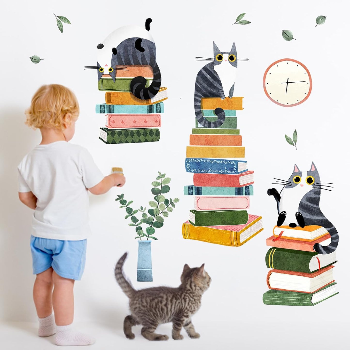 Mfault Cats Reading Books Wall Decals Stickers, Kitty Kitten Neutral Nursery Decorations Study Classroom Bedroom Art, Plant Leaves Reading Corner Toddler Kids Room Home Decor Gifts