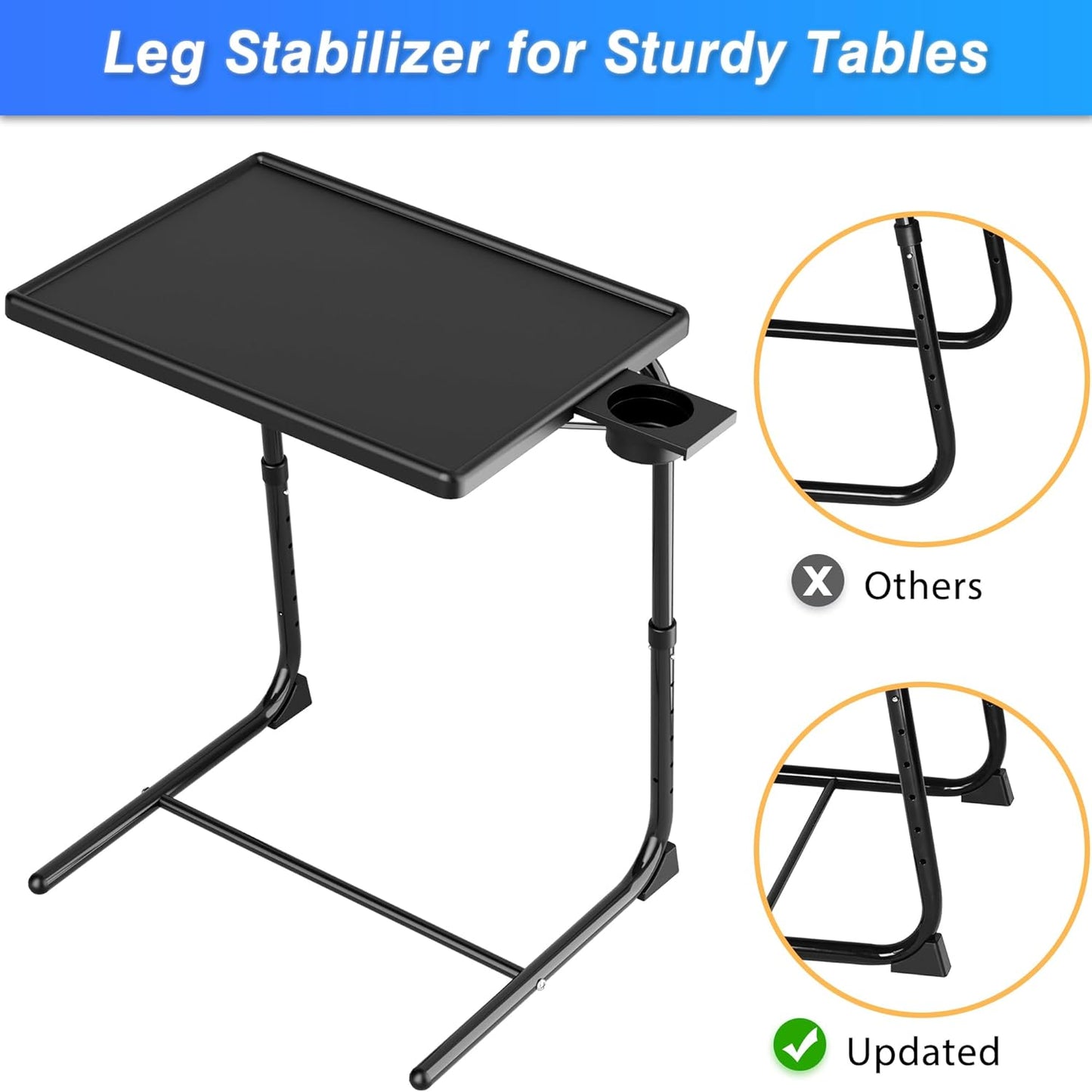 Allpop TV Tray Table - Adjustable TV Dinner Tray for Eating, Folding Laptop Table with 6 Heights & 3 Tilt Angles, Cup Holder on Couch & Bed, Black