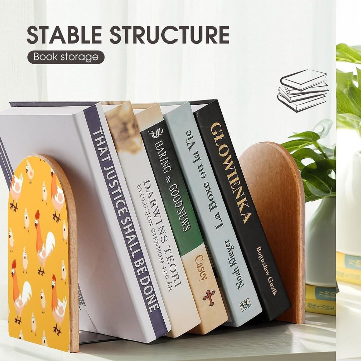 Chicken Chick Wooden Bookend Non-Slip Book Ends Heavy Duty Book Stopper with Metal Base Books Holderd Decorative Bookends Stands Firmly for Office Supplies