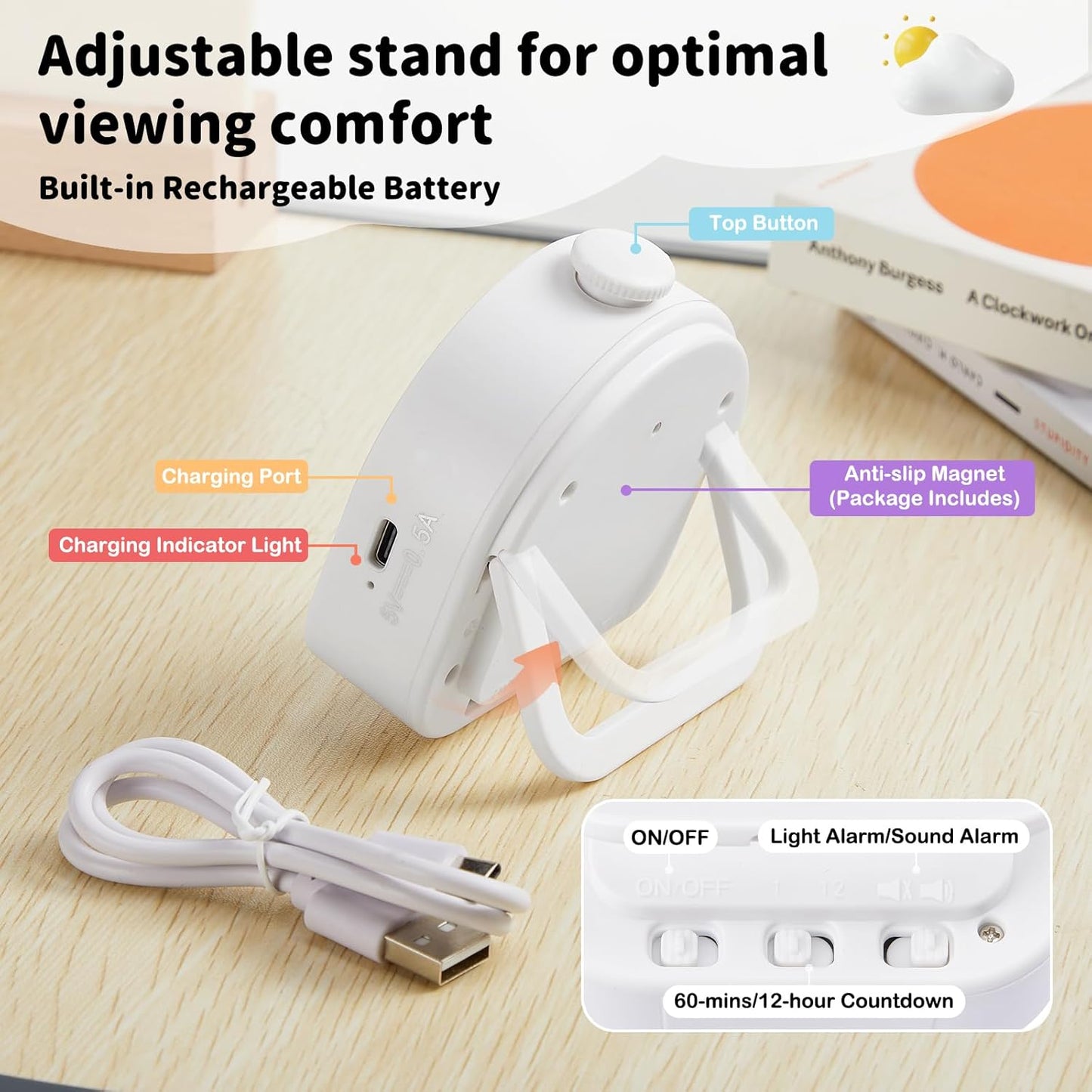 Visual Timer for Kids – 60min/12h Rainbow Magnetic Timer for Classroom, Rechargeable Silent Countdown Timer with Pomodoro Mode, ADHD Time Management Tool