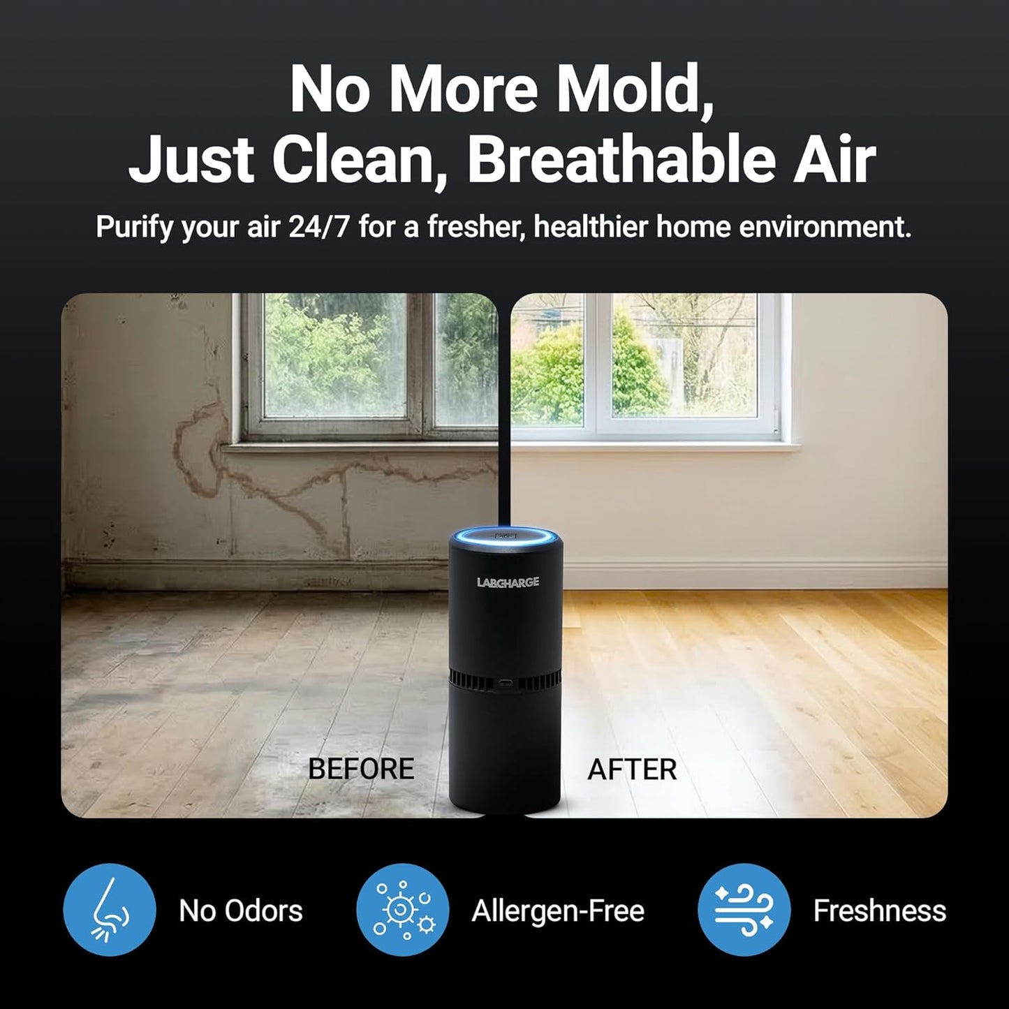 Lab Charge Small Ionic Air Purifier for Home & Bedroom – Silent HEPA Filter – Covers 250 Sq Ft - Free Cleaner for Pets, Hair, Smoke, Dust, Odors & Dander – Compact & Black Design - Pack of 4