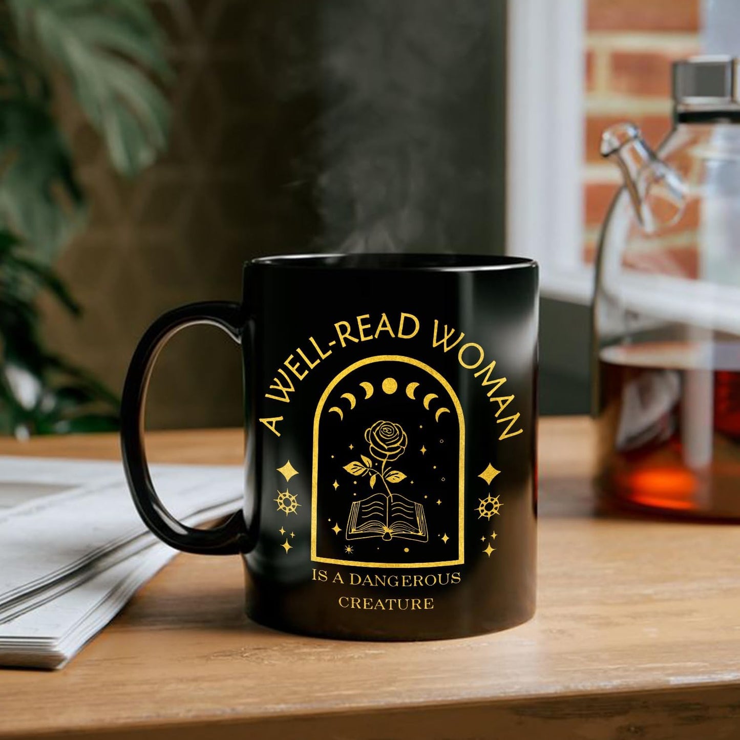 Witchy Moon Phase Floral Book Coffee Mug, Book Mugs for Books Lovers, Bookish Reader Librarian Gifts, Dark Academia Bookish Ceramic Coffee Tea Cup Mug 11oz