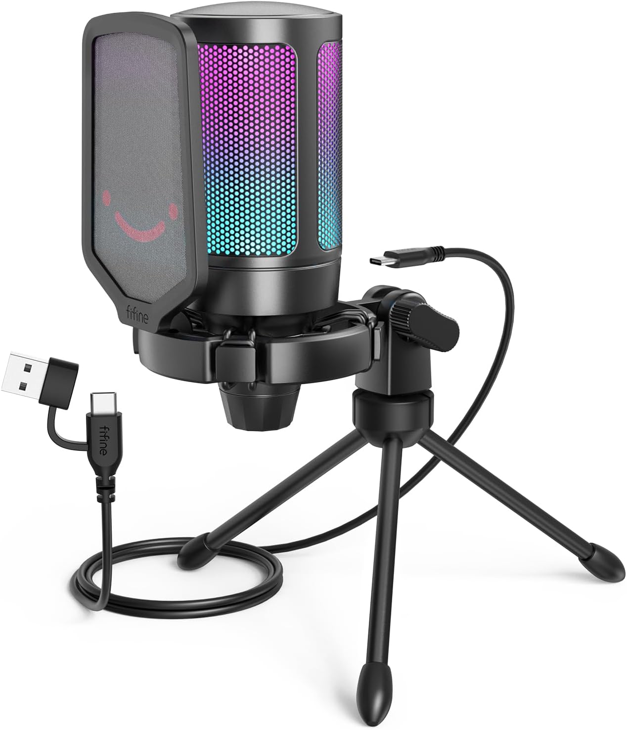 FIFINE Gaming USB Microphone for PC PS5, Condenser Mic with Quick Mute, RGB Indicator, Tripod Stand, Pop Filter, Shock Mount, Gain Control for Streaming Discord Twitch Podcasts Videos- AmpliGame
