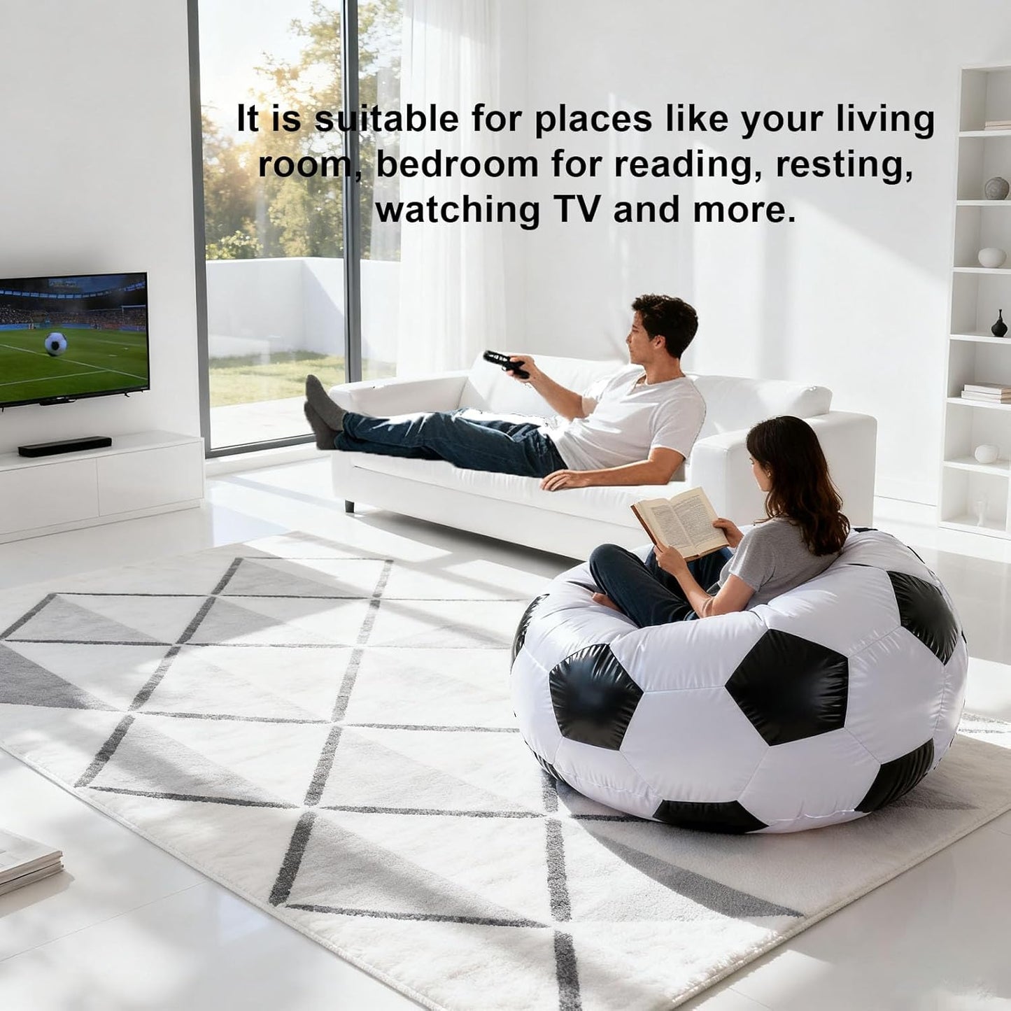 ZJchao Inflatable Soccer Ball Chair, PVC Wearproof Comfortable Portable Blow Up Sofa, Unique Black White Design, with Pump Needle, for Living Room Bedroom Balcony Outdoor Travel