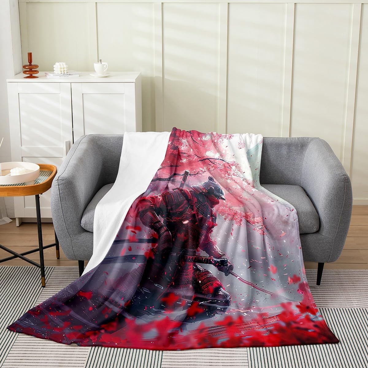 Erosebridal Japanese Samurai Blanket Queen 90x90, Japanese Style Sakura Trees Throw Blanket, Cherry Trees Blossom Fleece Blanket for Bedroom Living Room, Red Black Bushido Petals Fuzzy Blanket