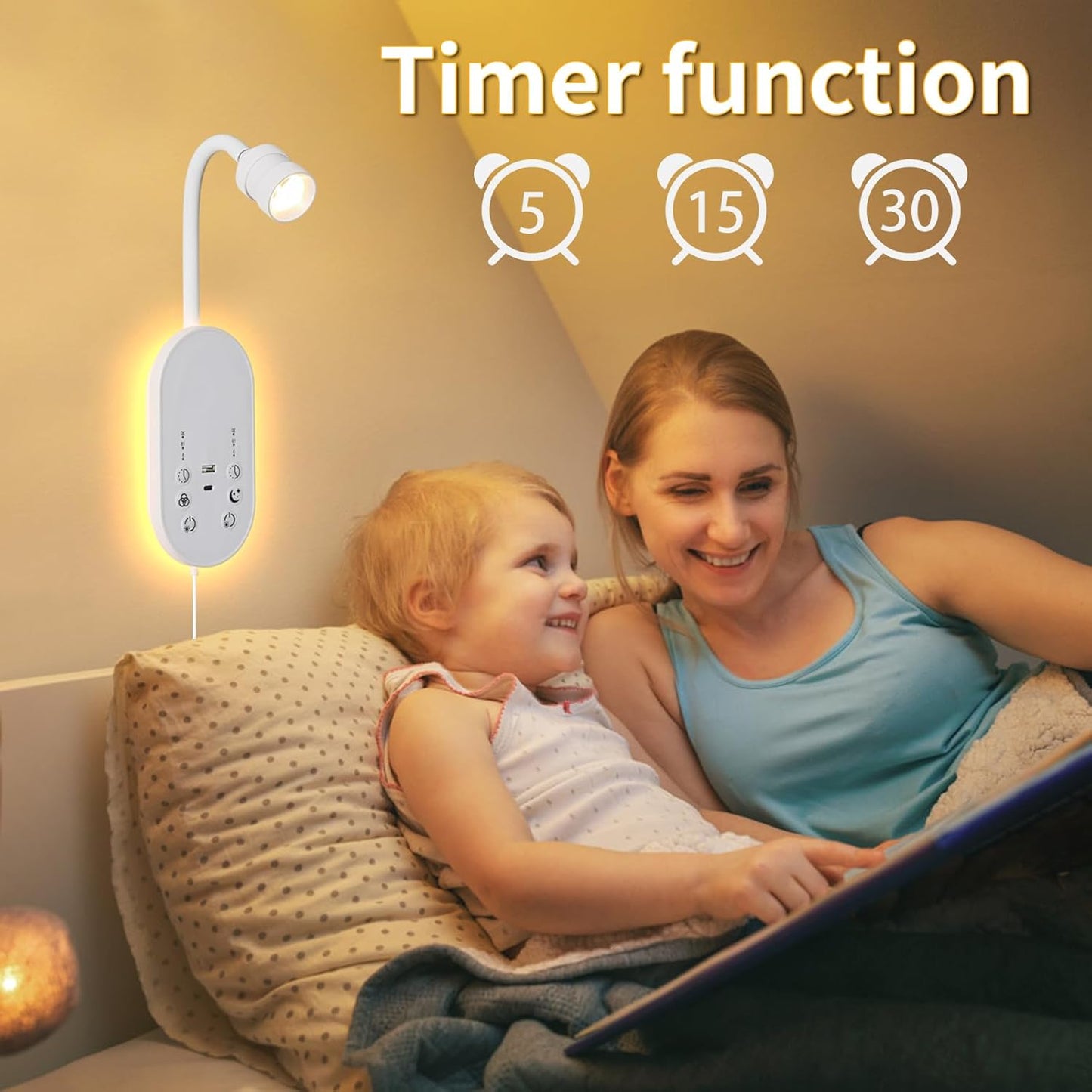 Books Lights for Reading Set of 2, Bedside Wall Mounted Reading Light with 3 Color Temperature & Timers, Touch Control Stepless Dimmable Wall Sconces, Flexible Gooseneck Bed Lights for headboard