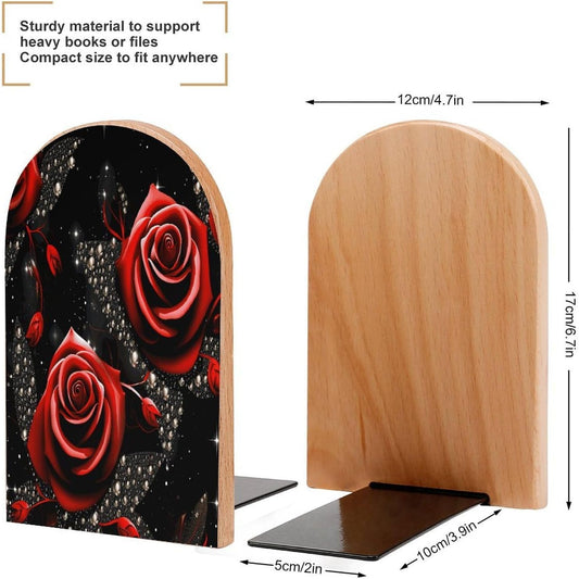 Red Roses and Stars Wooden Bookend Non-Slip Book Ends Heavy Duty Book Stopper with Metal Base Books Holderd Decorative Bookends Stands Firmly for Office Supplies
