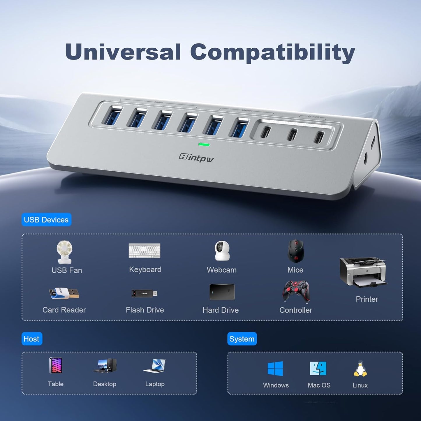 Powered USB Hub 10Gbps, intpw 9-Port USB 3.2 Hub, USB C Hub with USB A/USB C 3.2, 4 USB 3.0, 2 PD 45W Charging Ports, 65W Power Adapter and 3.3FT Cable, Aluminum USB Hub for Laptop, iPhone 17/16/15，PC