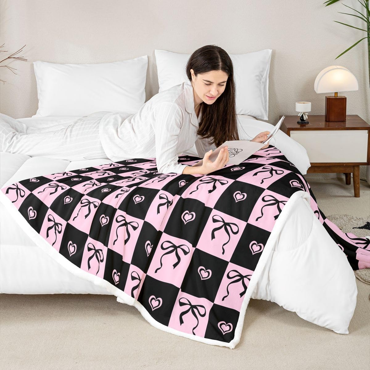 Feelyou Cute Bow Sherpa Throw Blanket for Couch Pink Plaid Checkered Super Soft Cozy Fleece Pink Black Blanket for Winter, Plush Throw Twin 60"x80" All Season