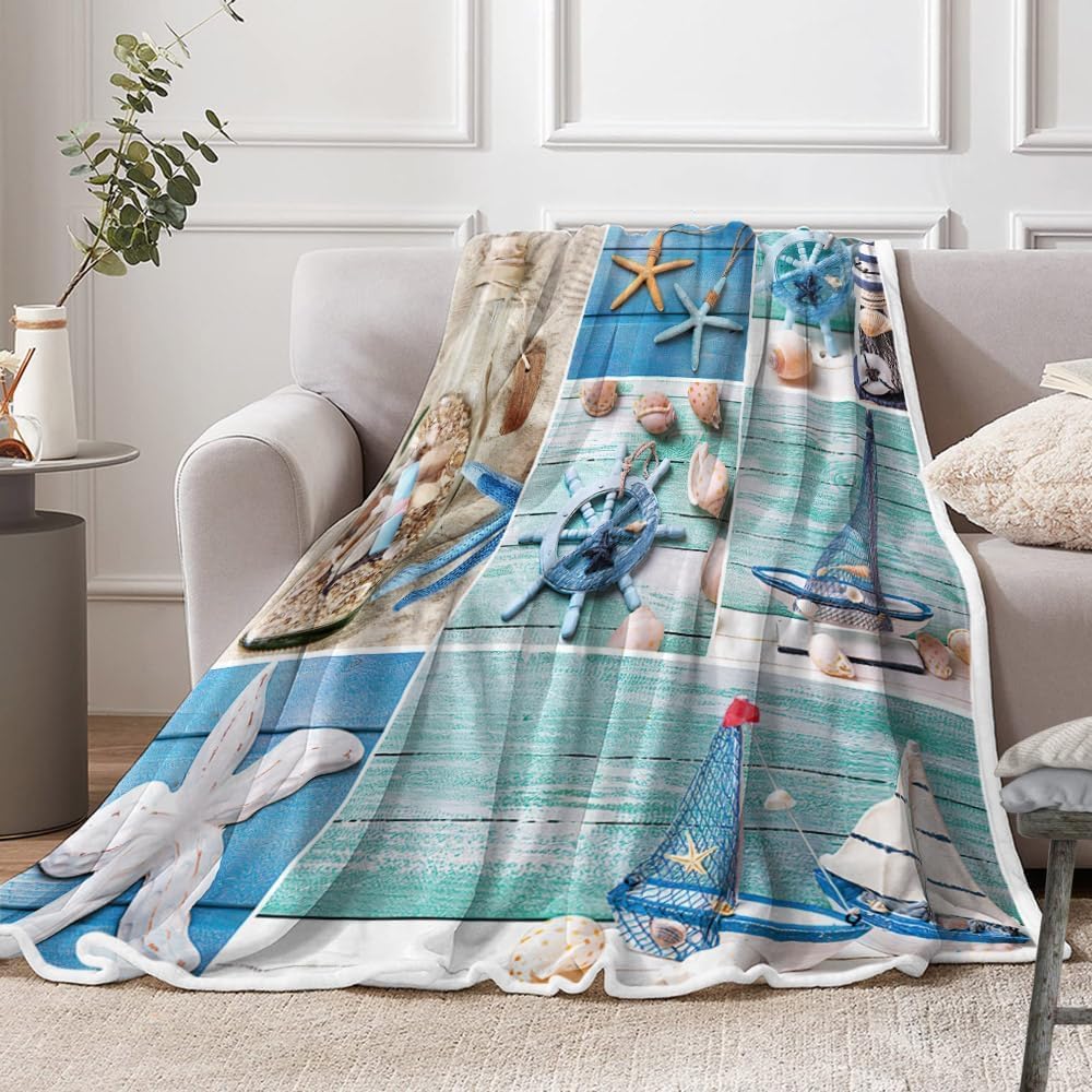 Nautical Throw Blanket for Couch/Bed, Ocean Beach Blanket, Cozy Super Warm Soft Microfiber Fuzzy Flannel Blanket for Kids Girls Boys, Starfish Seashel