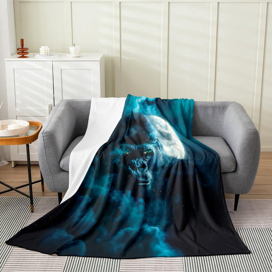 Erosebridal Black Gorilla Blanket Twin 60X80 3D Monkey Throw Blanket for Kids Boys Teens Adults Spooky Black Fog Fleece Blanket Room Home Decor White Moon Fuzzy Blanket for Sofa Bed Couch