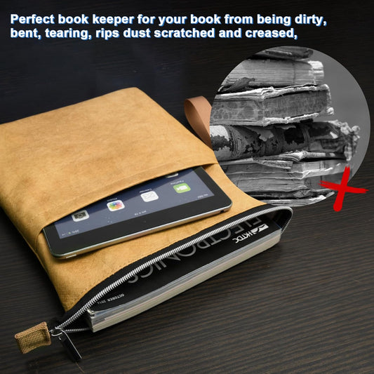 Book Sleeves with Zipper, Travel Book Waterproof Protector Pouch for Hardcover Books, Book Covers Bags Carry Case/Front Pocket & Handle Strap for Book Lovers Mother's Day Readers, Tyvek Paper, 2 Pcs