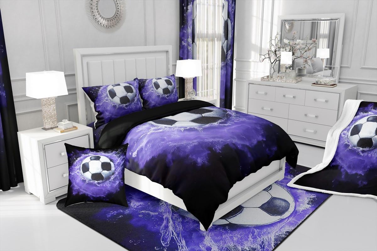 Feelyou Soccer Fleece Throw Blanket Twin 60"x80" Soccer Ball Game Plush Blanket Gift for Football Lover Sherpa Blanket Rugby Sports Fuzzy Blanket Purple Black Flannal Blanket
