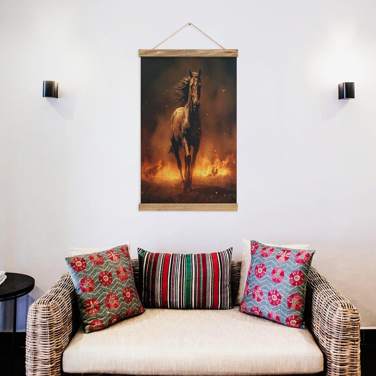 Vintage Flame Horse Poster with Wooden Frame Personalized Linen Hanging Scroll Painting Rustic Wall Hanging Illustrative Modern Artwork Decor for Home Living Room Bedroom Office