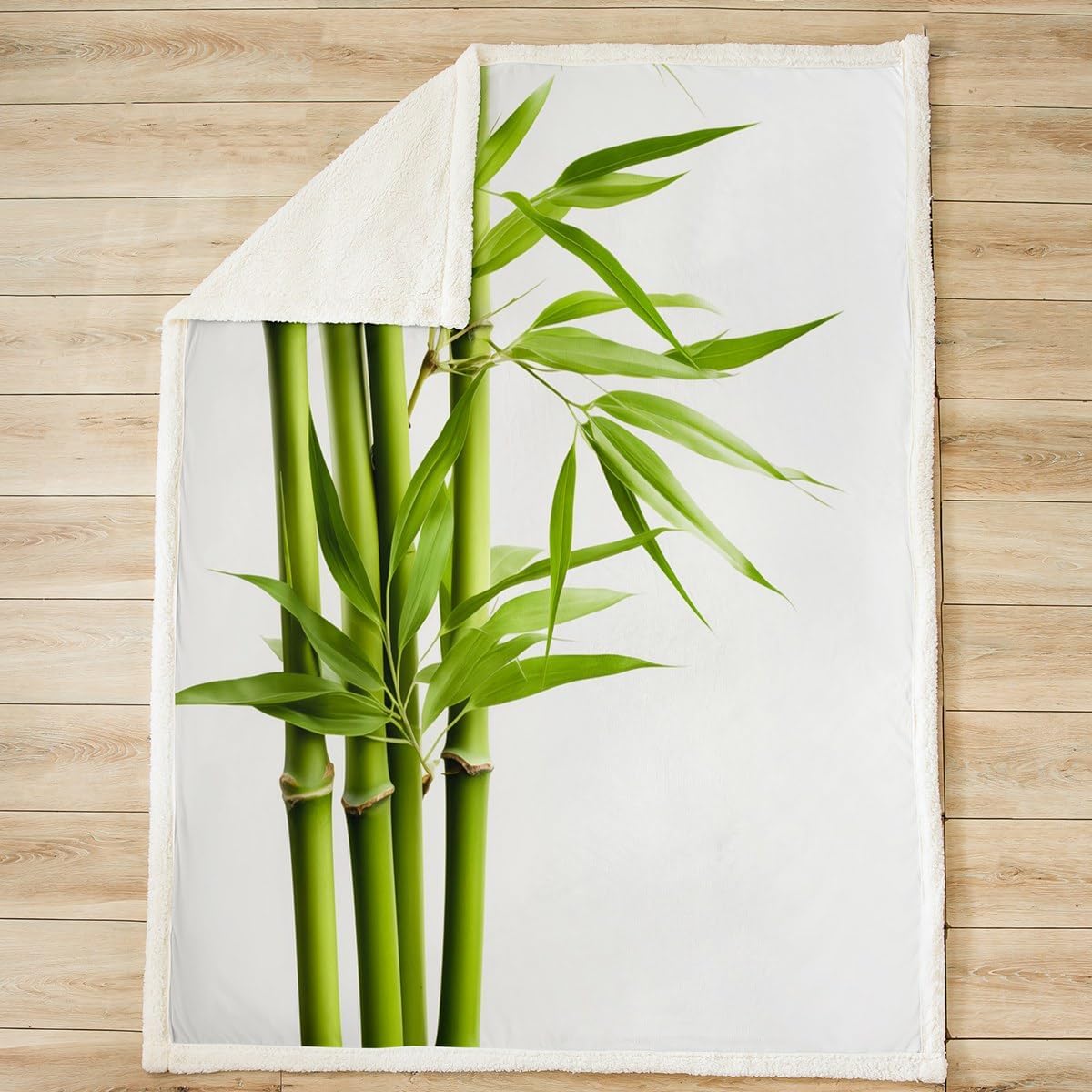 Feelyou Bamboo Pattern Fleece Throw Blanket Green White Sherpa Blanket for Teens Nature Plants Plush Blanket Nutrue Theme Fuzzy Blanket for Sofa Bed Couch,Queen 90x90 Inches