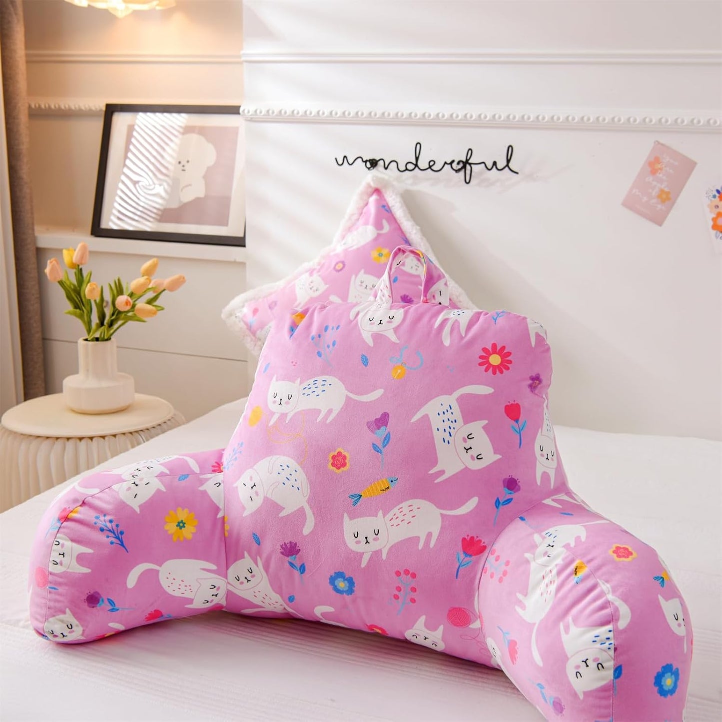 Aimuan Pink Cat Reading Pillow Bed Rest Wedge Backrest Pillow with Arms Back Support for Sitting Up in Bed Cushion Incline Rest Sleeping Snoring Pillow (Pink-cat)