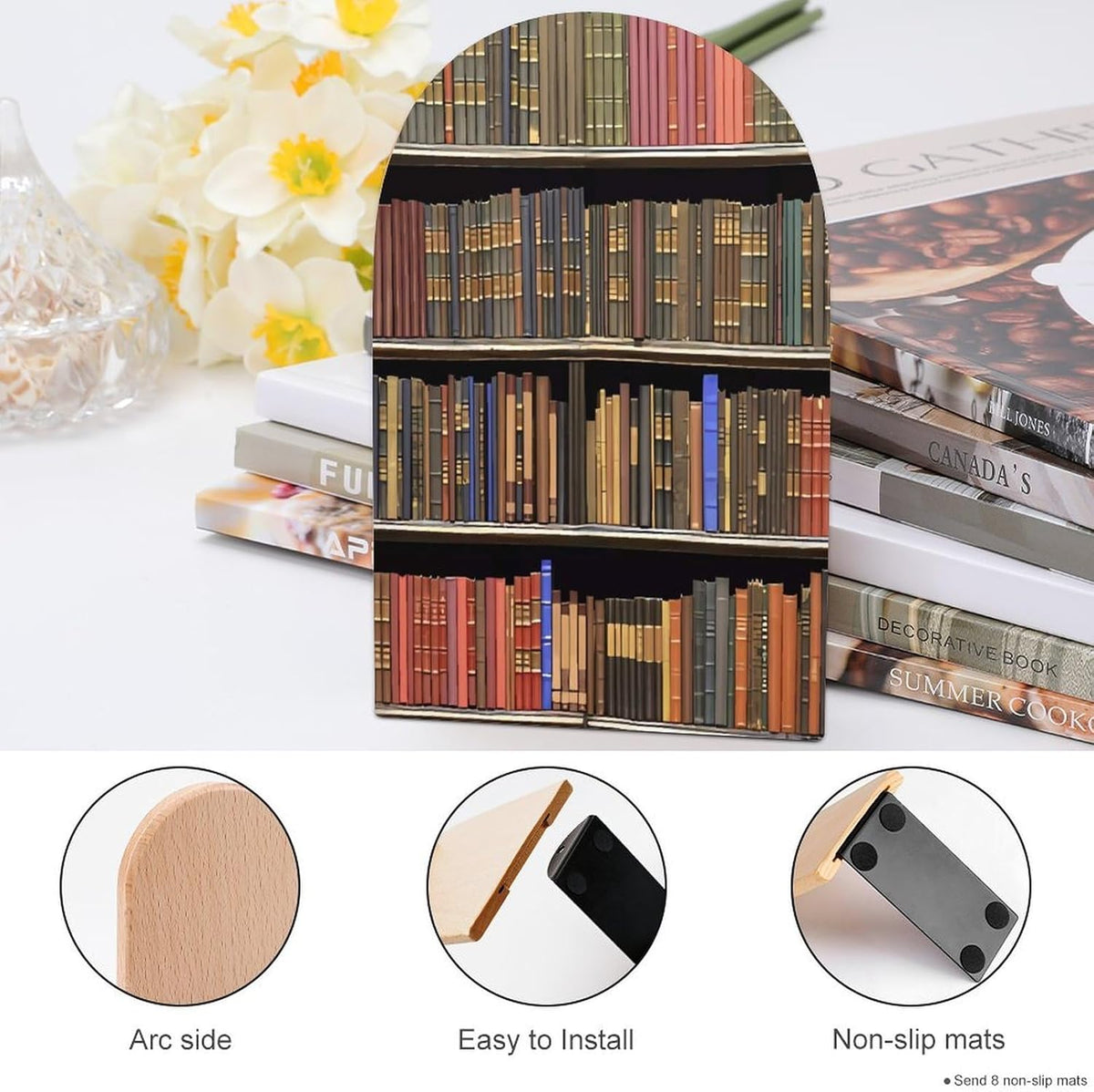 Library Bookshelf Wooden Bookend Non-Slip Book Ends Heavy Duty Book Stopper with Metal Base Books Holderd Decorative Bookends Stands Firmly for Office Supplies