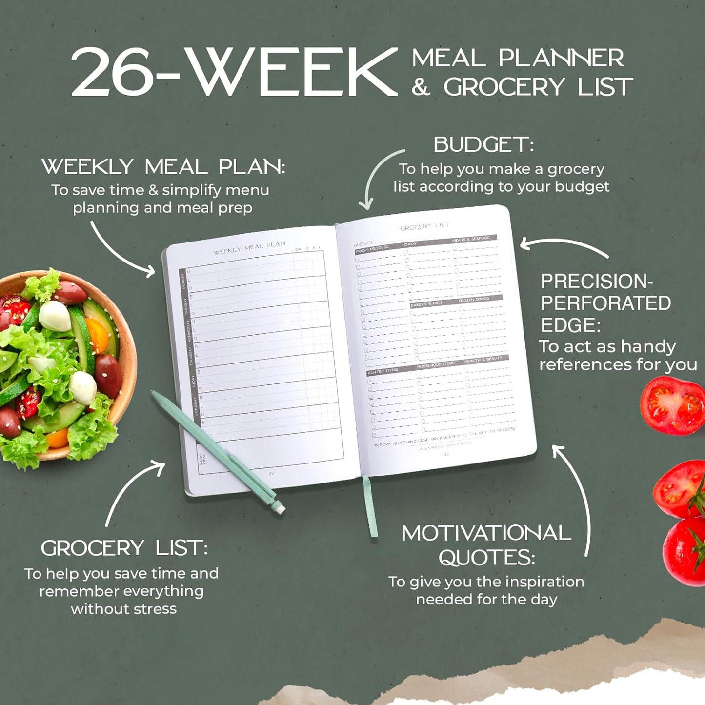 Graceful by Design Meal Planner and Fitness Tracker - Plan Workouts in our Fitness Journal for Women - Track Macros in our Food Journal for Women Weight Loss - Tear and Track with Perforated Pages