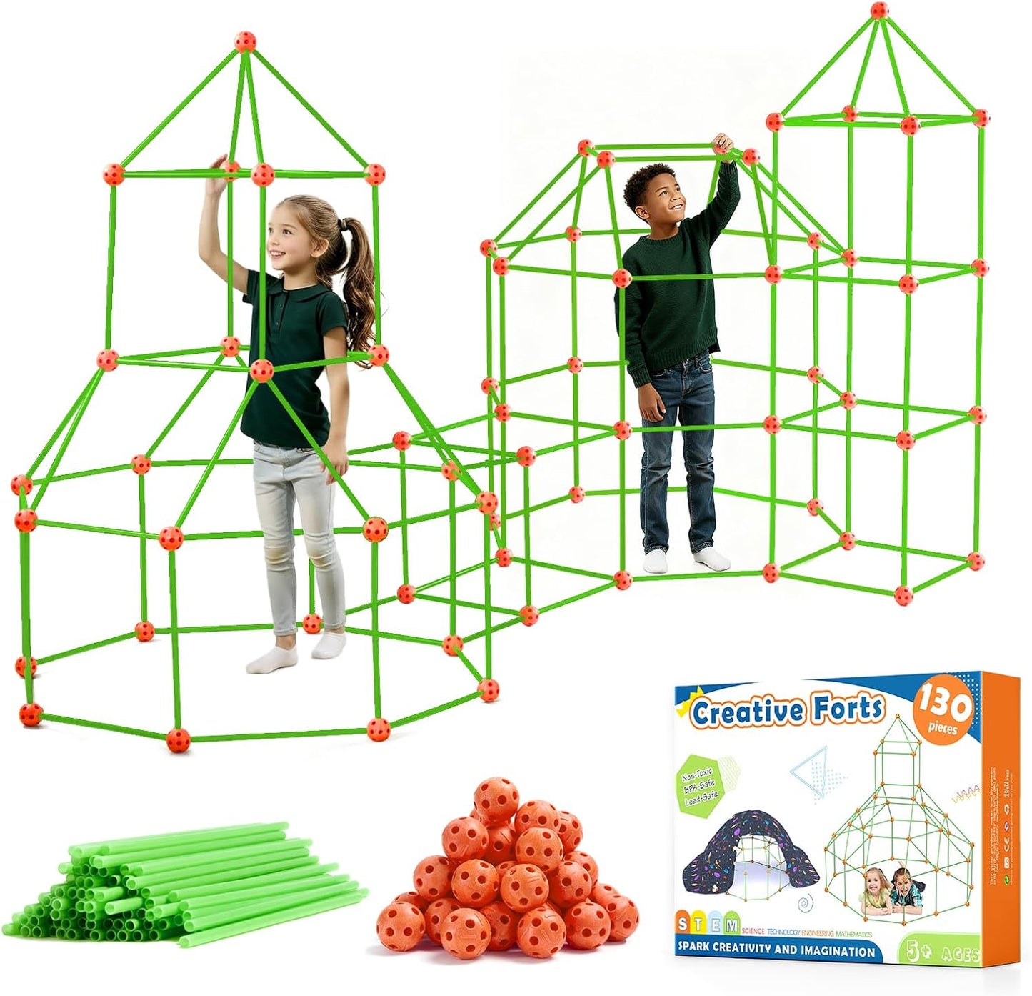 Tiny Land Fort Building Kit Creative Fort Indoor Outdoor for 5-12 Years Old Boys and Girls STEM Building Toys with Storage Bag DIY Castles Tunnels with 86 Rods and 44 Balls