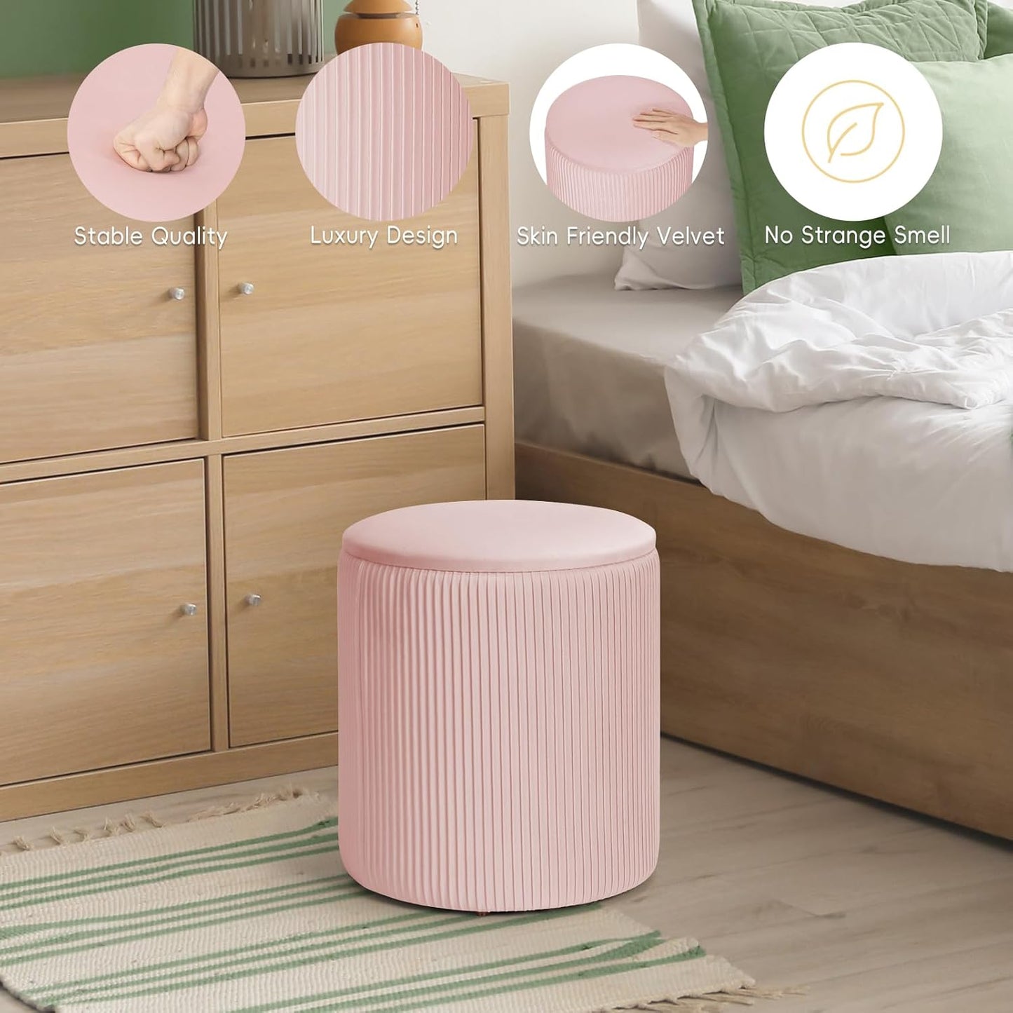 Ottoman with Storage, 2 Set Round Velvet Vanity Stool, Storage Ottoman for Bedroom Living Room, Modern Multifunctional Coffee Table Foot Stool for Dorm (Pink)