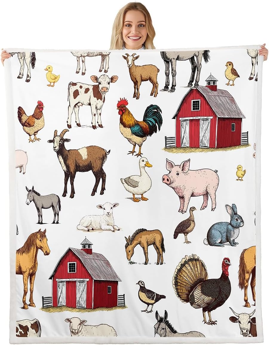 Farm Animals Fleece Blanket - Rustic Farmhouse Throw for Boys & Girls, Horse, Chicken, Rooster, Bull, Cattle, Cow, Sheep, Pig, Duck, Goose - Country Style Fuzzy Blanket, 40"x50" Room Decor