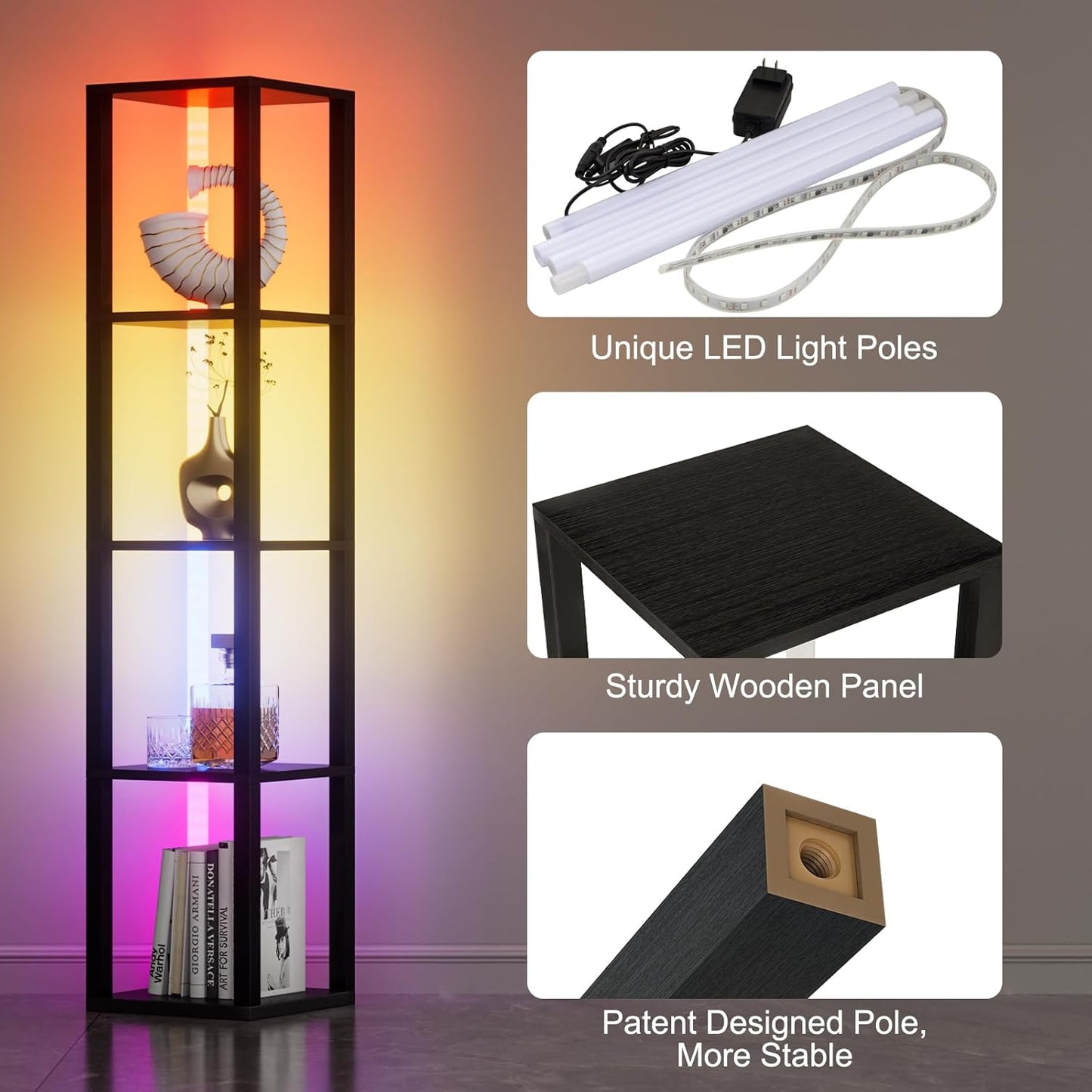 Corners Shelf with Light 5 Tier Tall Standing Shelf Dimmable Corner Floor Lamp with Shelves LED Corner Bookshelf Display Cabinet Shelf for Living Room, Bedroom, Home Decor