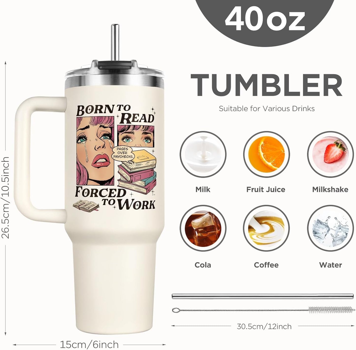 Shqiueos Funny Book Lovers Gifts for Women 40oz Tumbler with Handle and Straw Lid, Christmas Bookish Gifts, Reading Gift for Reader, Librarian, Nerd, Bookworm Cup Water Bottle, Book Themed Present