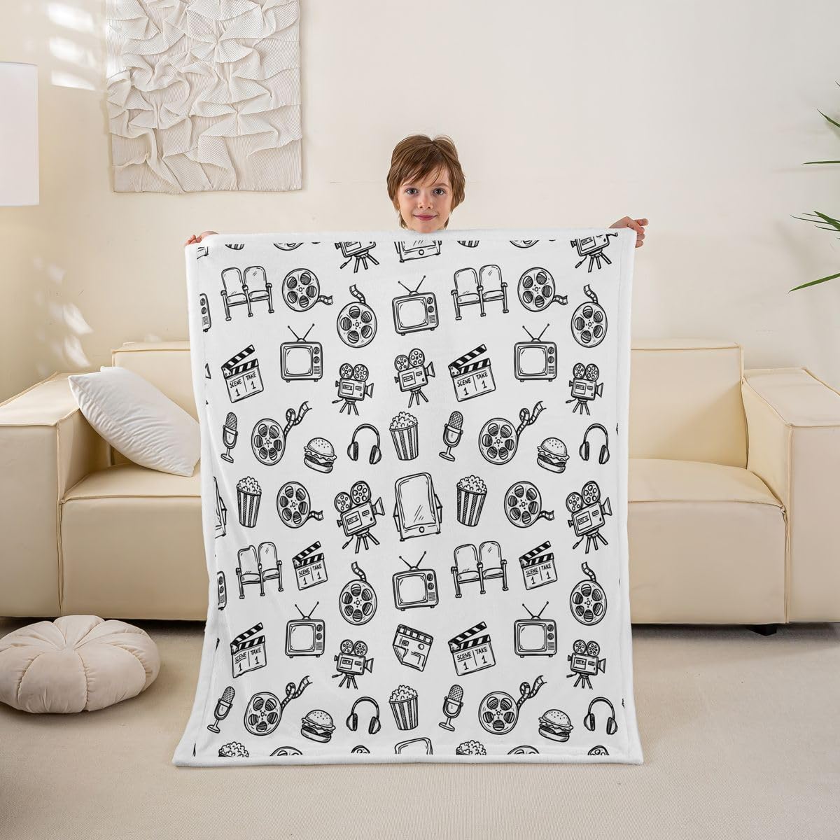 Feelyou Cinema Pattern Throw Blanket White Line Art Movie Soft Fleece Sherpa Cozy Fuzzy Plush Warm Retro Cinema Aesthetic Fuzzy Plush Throw Cute Movie Queen 90"x90" for Bed Couch Living Room