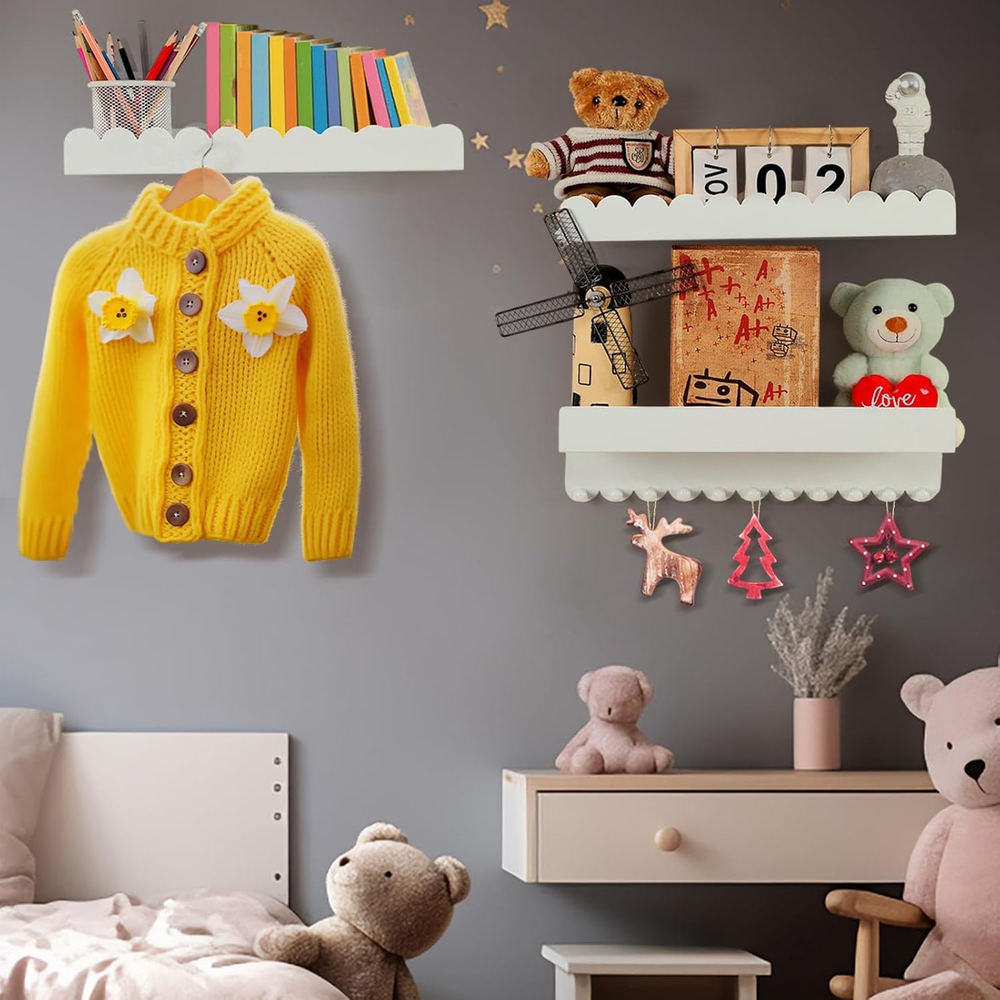 Nursery Book Shelves with Hooks Set of 3, Sturdy Metal Floating Scalloped Shelves for Nursery Wall Mounted White Book Shelf for Kids Room, Baby Bedroom, Bathroom, Playroom Decor, 16 Inch